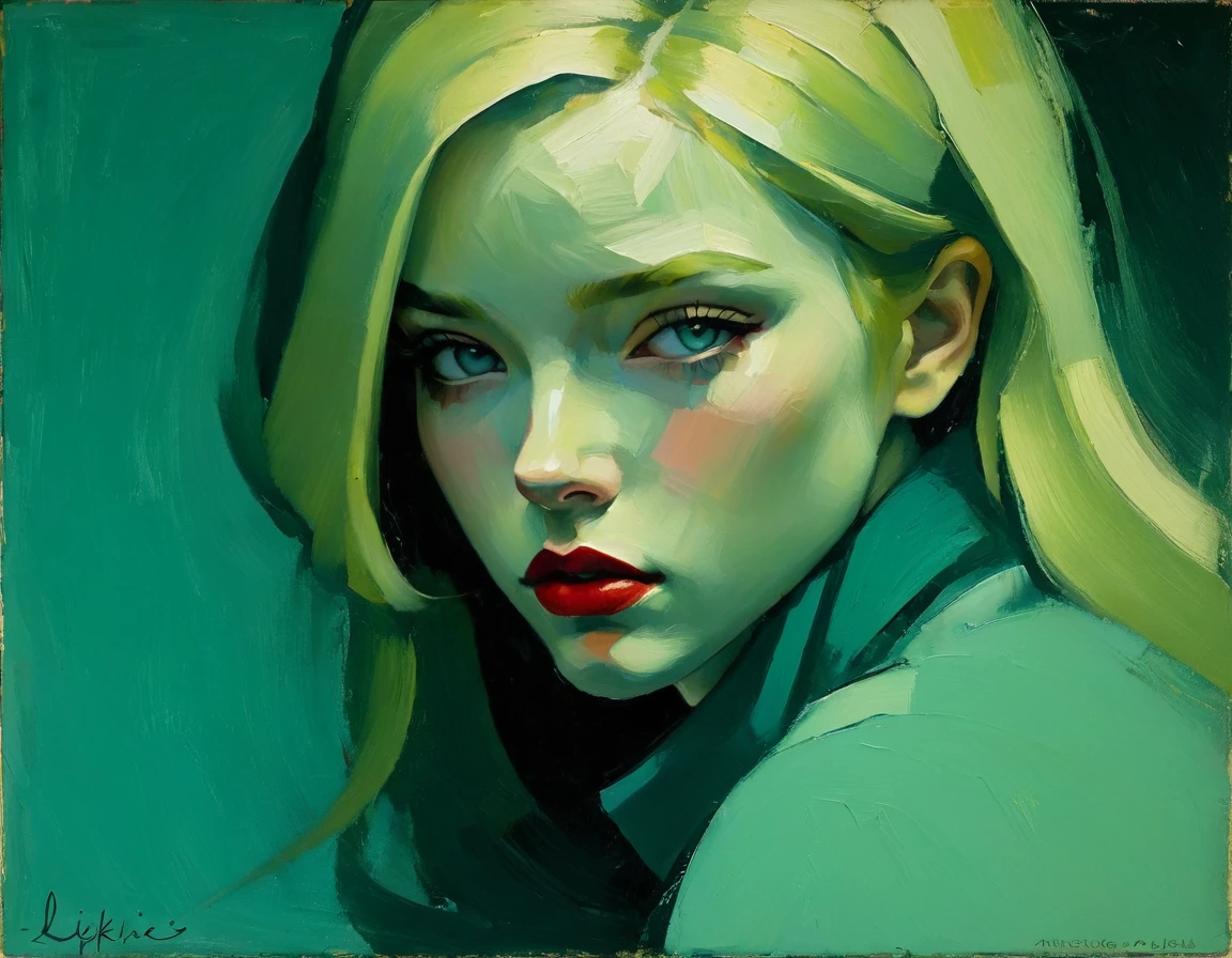 Create an evocative oil painting inspired by Malcolm Liepke, based on the provided image. Capture the intense, introspective expression of the young subject using thick, expressive brushstrokes and a muted color palette. Highlight the emotional depth and vulnerability in the subject's gaze, emphasizing the play of light and shadow on their face. Maintain a simple, textured background that complements the subject's contemplative presence. Focus on the tactile quality of the oil paint to convey the raw emotion and intimacy characteristic of Liepke's style. After applying thick paint, use a dry brush to drag over the surface lightly. This technique can create interesting textures by revealing the underlayers.