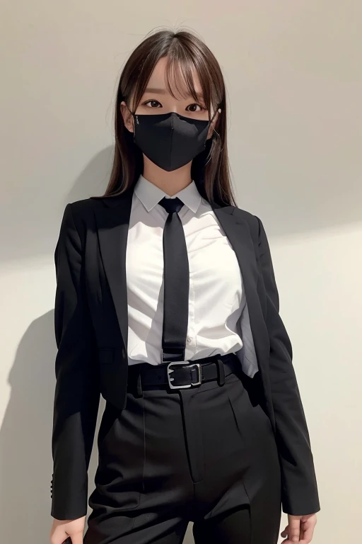 masterpiece、flat-colors、depth of fields、lens flare 1 girl、、Brown hair、watching at viewers a belt black suspenders Social OL huge-breasted Armpit sweat perspiring Side of both hands walls: Black Suit Black pants, Black jacket holster arm Leg holster arm Knife Carrying arma Gaze No tie tiarra No bangs Small face masks