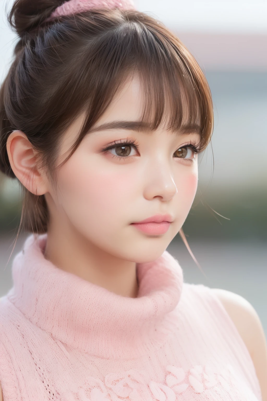 Tabletop, highest quality, shape, Very detailed, finely, High resolution, 8k wallpaper, Perfect dynamic shape, Beautiful and detailed, 、(Brown Hair、short hair、Hair Bun、Twin tails、bangsが揃っている、Trendy Korean makeup:1.4), Scapula, Glowing Lips,Genuine, bangs, (Golden ratio face、plump lower lip、Pink Lips:1.4)、Natural Lip, , (Big Breasts:1.6), whole body,Cleavage、((Knitted hat))、(((Blurred big city in the background)))、(((Wear sleeveless knitwear))) 、(Pink blush on the tip of the nose:1.8)、(Pink blush on cheeks:1.8)、Smile