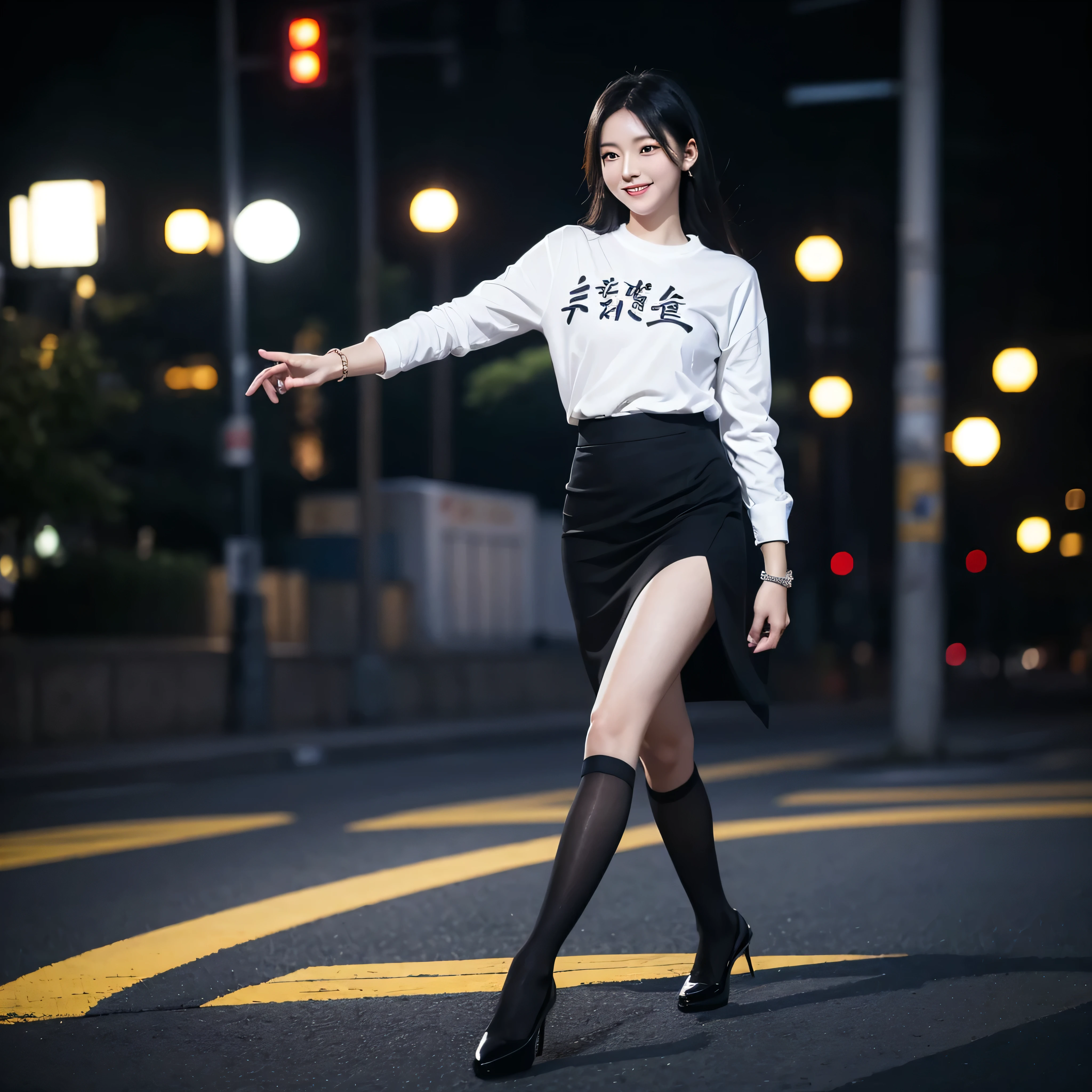 An Asian woman wearing a white shirt with kanji writing on the shirt, wearing a black skirt, perfect face, perfect lips, perfect eyes, long straight black hair, black tights, women's shoes, smiling, black eyes, bracelet in her hands, perfect facial expression , walking in a city park at night, place illuminated blurred background.
