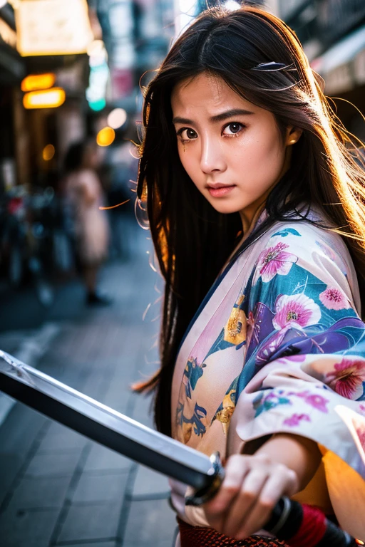 (((Holding a sword)))、(((Tears running down my cheeks)))、Beautiful Japanese Supermodel Women, Hair with subtle highlights, Iris, sexy,Street background,Gorgeous kimono (Floral), The liquid color runs down her face, Backlit shooting,perfect face lighting,Mixed Media