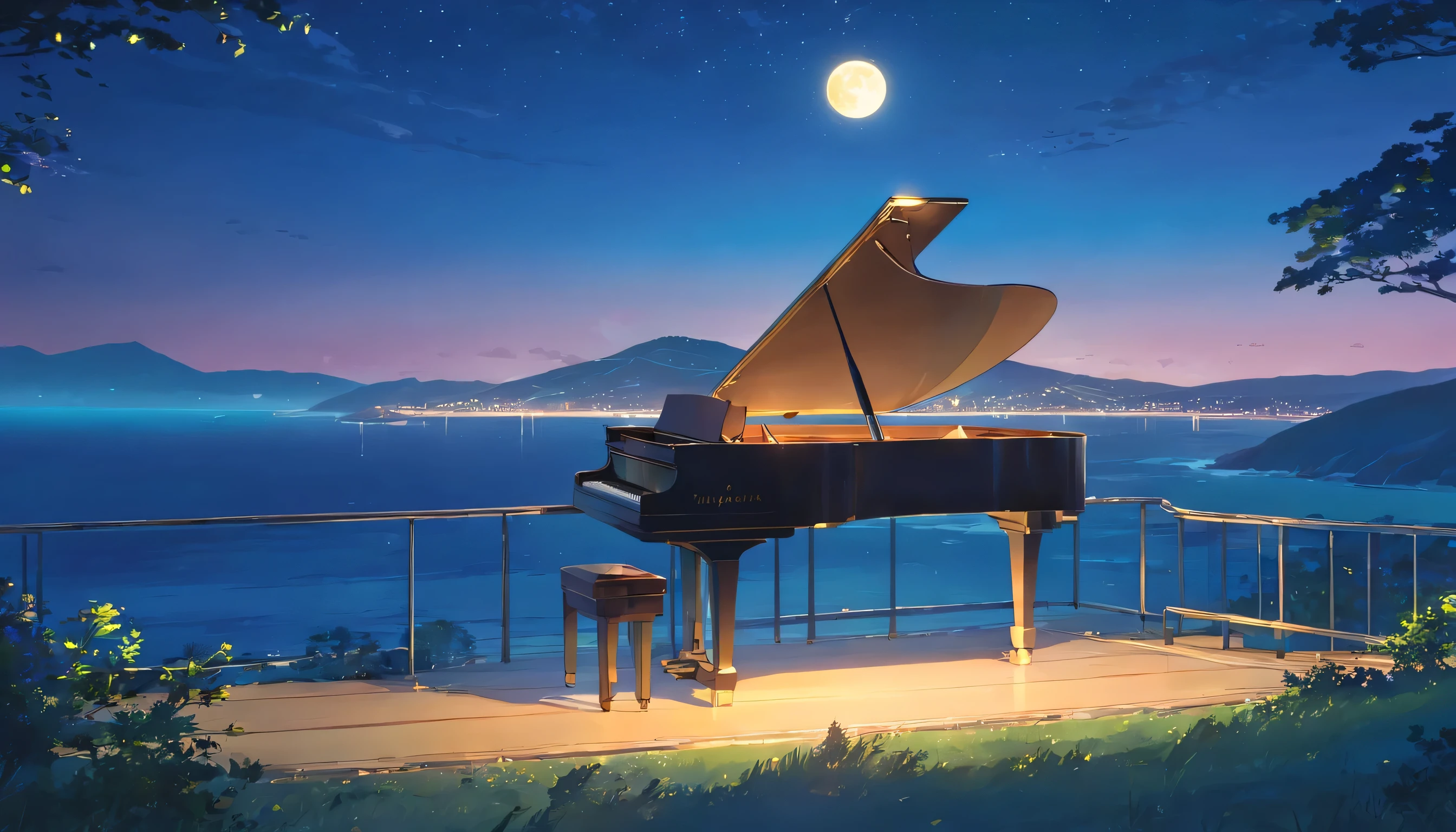 A grand piano placed on a hill overlooking the moonlight、The light of the full moon reflects off the sea, making it sparkle.、Dawn is near