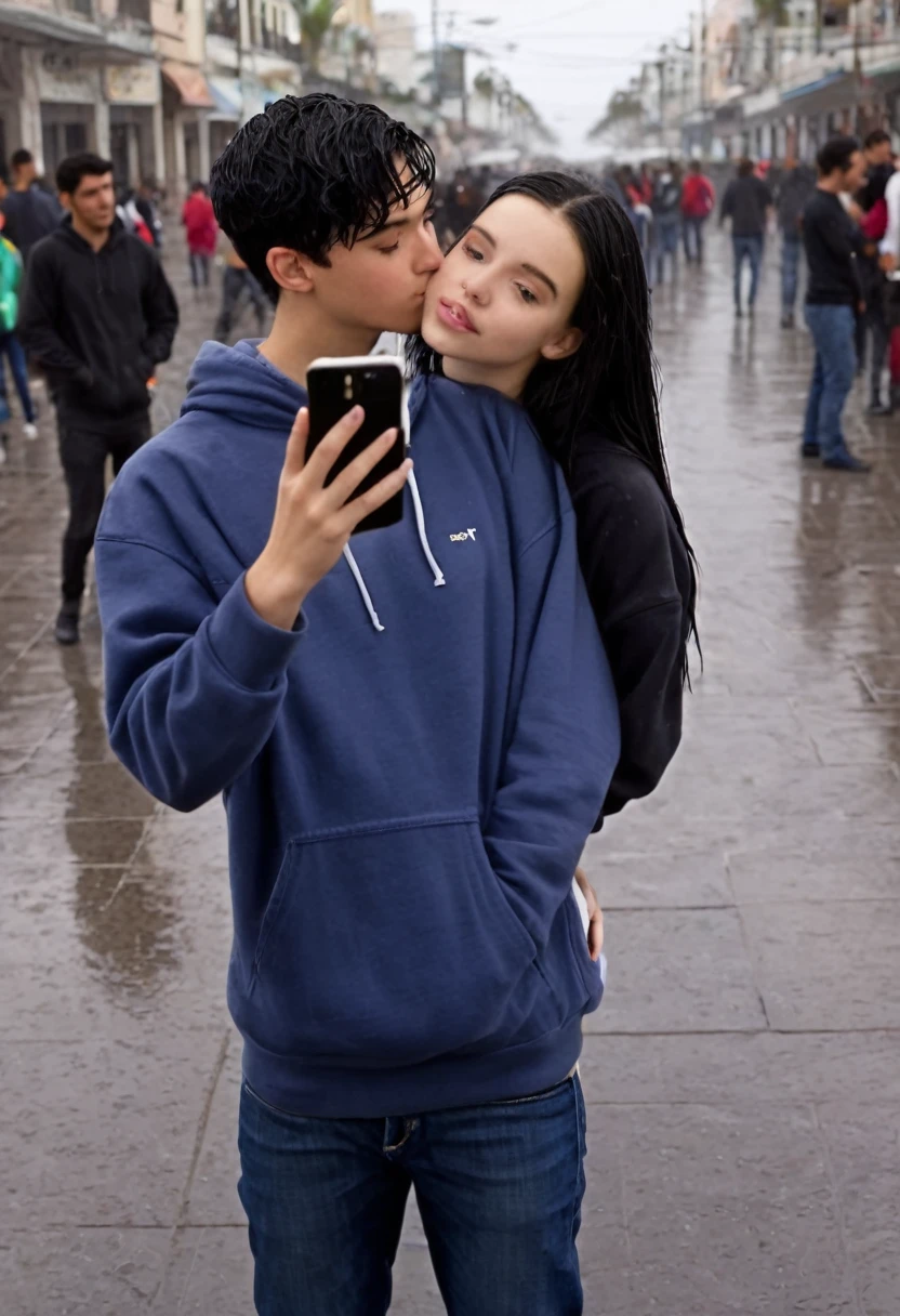 18-year-old white-skinned girl with black hair, a slim complexion with a somewhat large bust, a medium-sized, firm butt, wearing a sweatshirt and jeans in a plaza in Mexico in the rain, having a kiss with a white-skinned boy, algo gordo, 17 years old 1.72m de alto con el pelo negro corto con una sudadera, with the perspective that the boy is taking a selfie