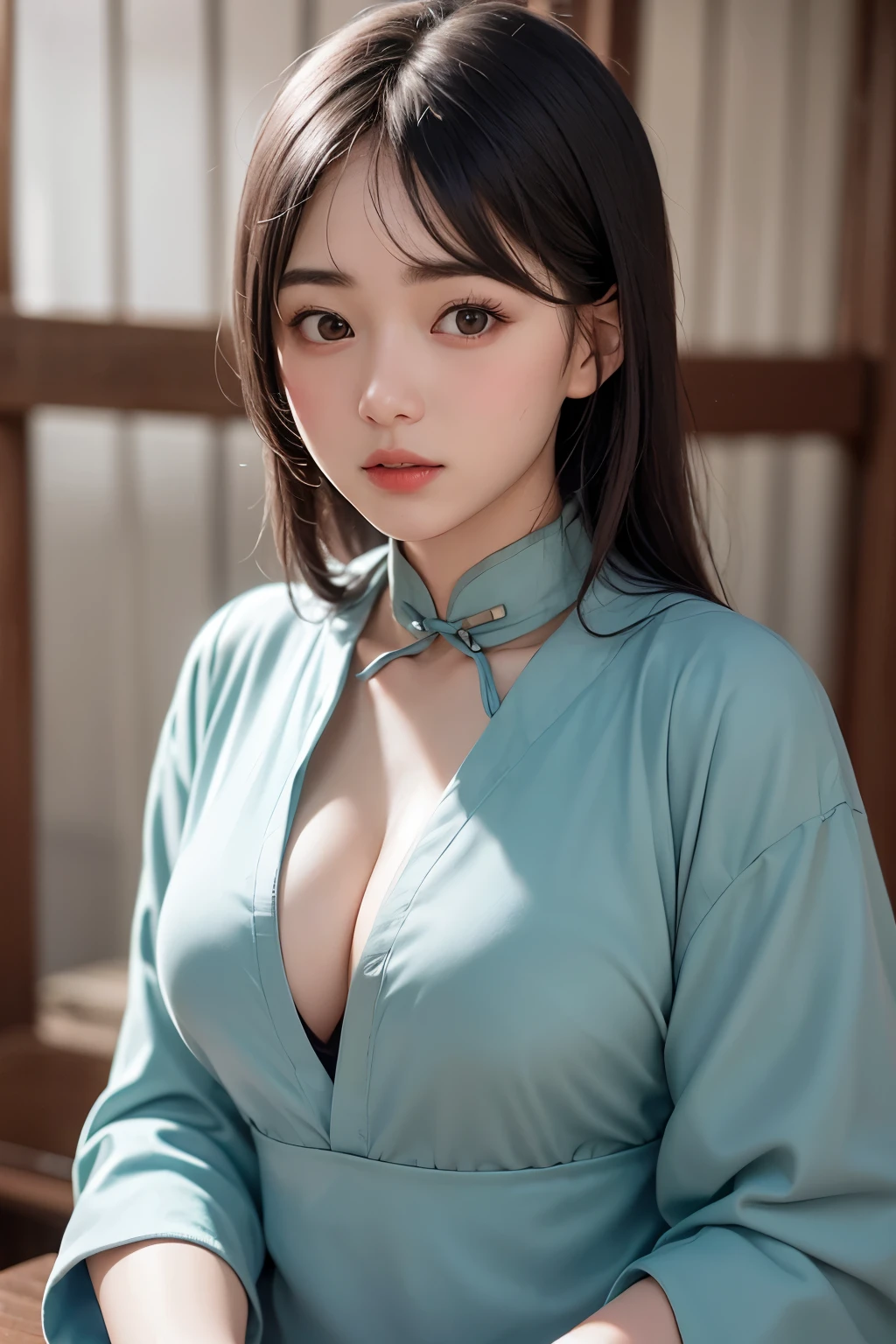 (1 nogizaka girl,raw photo,photo realistic:1.5),(best quality, high quality,HDR, highest quality,ultra high resolution,high resolution,high res,ultra high difinition,huge file size,8K,2K wallpaper,8K wallpaper,high quality texture,amazing,an extremely delicate:1.4),one girl, Japanese famous idol,beautiful face,small face,absurd,ridiculous,incredibly ridiculous,portrait,breasts close up,blurry background,(cheongsam,cleavage,no makeup:1.2),medium skin,beautiful skin,detailed skin,six heads tall,black hair,silky hair,(Japanese eyes:1.3),detailed eyes,black eyes,Japanese idol eyes,Japanese nose,5-fingers,(Light Particles, Lens Flare, Luminous Particles: 0.7),looking at viewer,bright lighting,professional lighting,girl