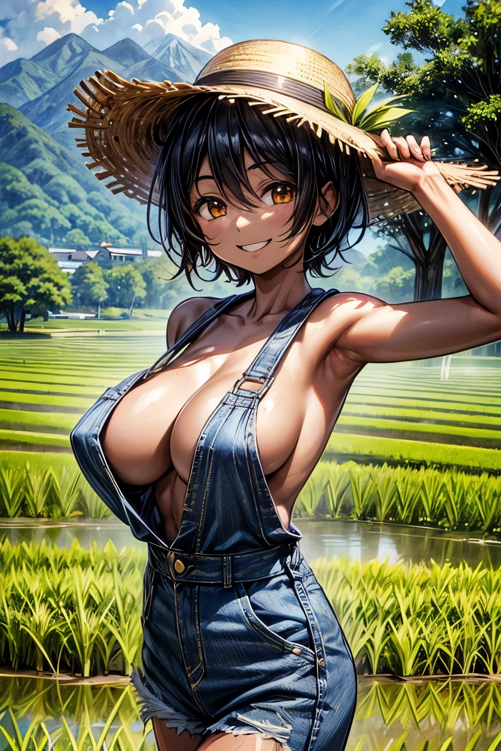 in japanese countryside, rice fields background, sunshine, 1girl, standing, daytime, 1girl, agricultural worker, standing, (black short hair:1.2), (brown skin:1.4), big smile, teeth, (naked denim overall, large breasts:1.2),