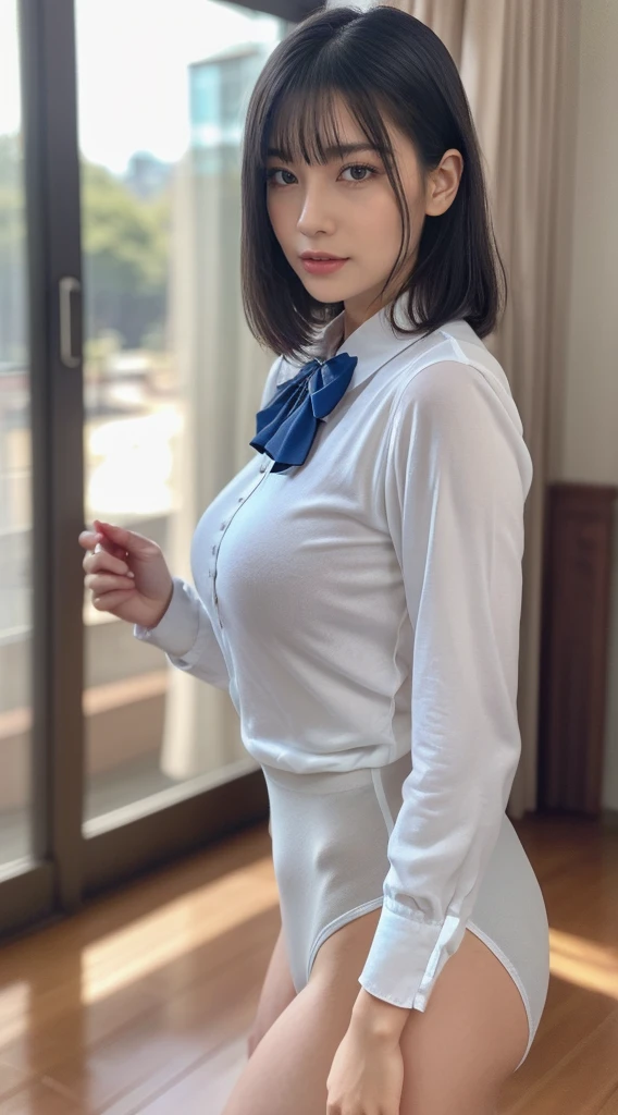 1girl, solo, akanekurokawa, akane kurokawa, aqua eyes, super bright blue short hair, blue aqua hair, medium hair, sidelocks, BREAK black sweater vest, blue bow, blue bowtie, bow, bowtie, collared shirt, long sleeves, puffy sleeves, looking at viewer, (masterpiece:1.2), highres, best quality, 8k, very clear, sexypose, Realistic, Very detailed, handsome body, Detailed body, Detailed hands, Detailed, Vibrants, Detailed Face, Akane Kurokawa's character design. Very detailed, Detailed body, Detailed hands, Detailed Face, anime art, extremely detailed CG unity 8k wallpaper, detailed light, Cinematic lighting, chromatic aberration, glittering, expressionless, epic composition, dark in the background, Very detailed, Detailed body, Vibrants, Detailed Face, sharp-focus, anime art, Vibrants, Detailed Face, Hugh Details, sharp-focus, Very drooping face, A detailed eye, super fine illustration, better shadow, finely detail, Beautiful detailed glow, Beautiful detailed, Extremely detailed, expressionless, epic composition, Presented at artstation, Octane Render, artstation hd, Cinematic, 4 thousand., hypermaximalist, elegant, nsfw, show breasts, sweating, sweat, japanese face, oriental japanese beauty face, slightly smile, flashing tits, show armpits, body faced to camera, show armpits, show legs, show hips, no bra, shiny skin, plump lips, sexy hot lips, red lipstick lips, , small breasts, small chests, showing the boobs, super detailed face, shiny skin, view the viewer, open clothes to show the boobs, very nsfw, show the whole , nude, show feet, living room background, indoor, not big eyes, normal eyes, stick to the original character Akane Kurokawa from Oshi No Ko series, must not black hair, must super bright blue-colored hair, light blue-colored hair, shy, disappointed face, embarrassed, forced, afraid, exhausted, sweating, wet clothes, covered by sweat, sweat all over body, normal head sized, naked, show nipples, several buttons opened to reveal , topless