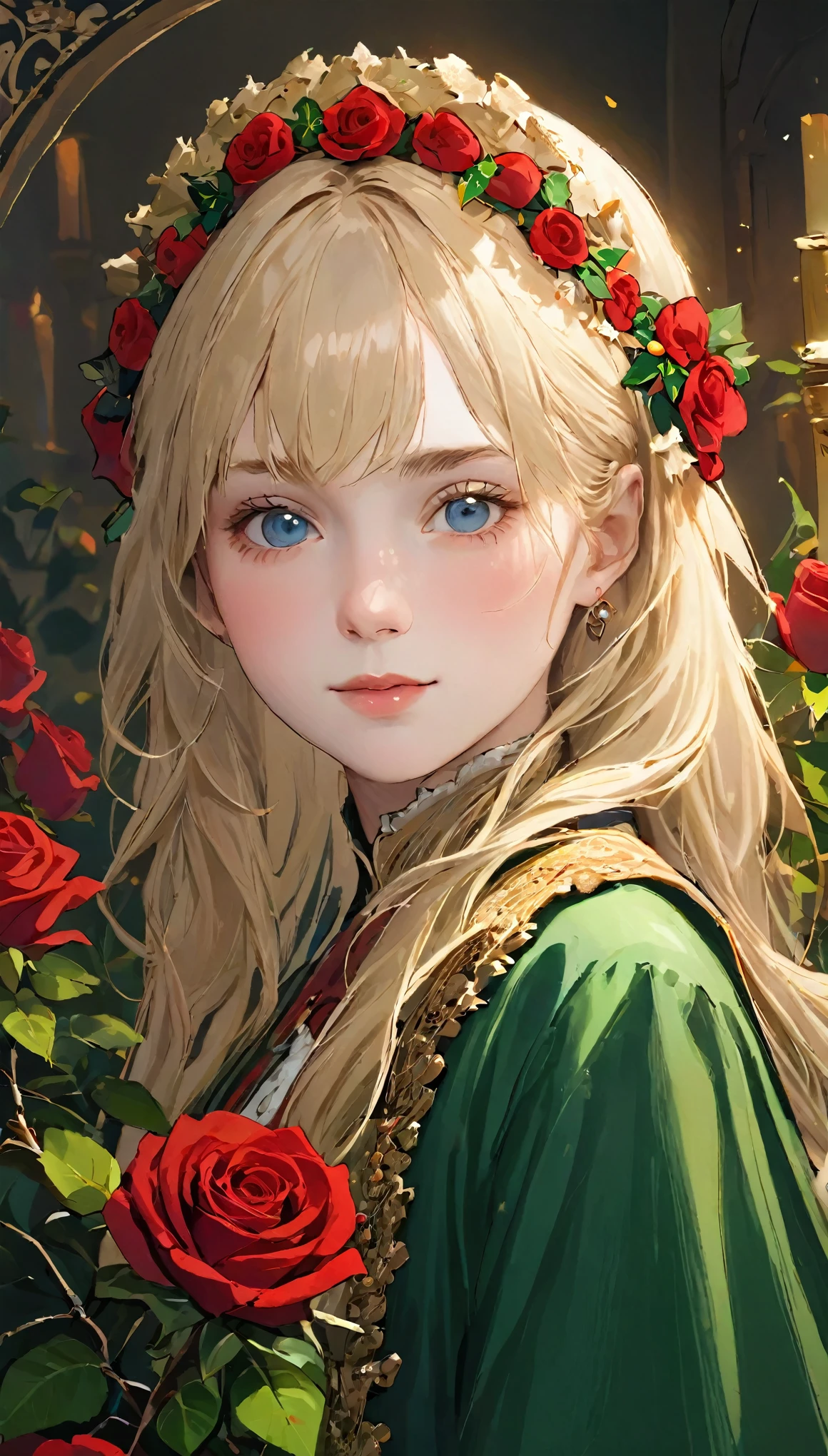 RAW Photos、Realistic、Cute girl portrait、１４talent、Beige hair、Very detailed_face_Eye、美しく澄んだ灰色のEye、Irish national costume、Red roses background、The background is red roses and holly、Blurred background、Dark lighting、highest quality、Ultra-high resolution、Masterpiece、８ｋ