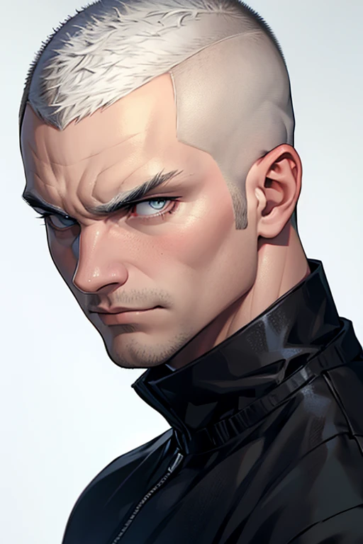A strong man with white hair buzzcut with a serious face and a black shirt