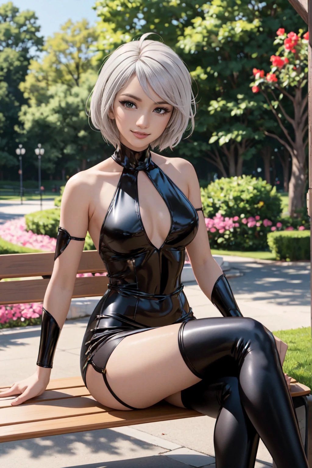 (masterpiece, Best quality, high development, high detail, 1 girl 18/19 years old, one, solo, looks at the viewer, Akira Yamamoto, gray hair, short hair, Red eyes, ahoge,
Latex dress, sideless outfit, armbands, Latex tights, latex, cross-laced clothing, hand between legs, nice smile, V-shaped eyebrows, sitting on a bench in the parks, legs spread.