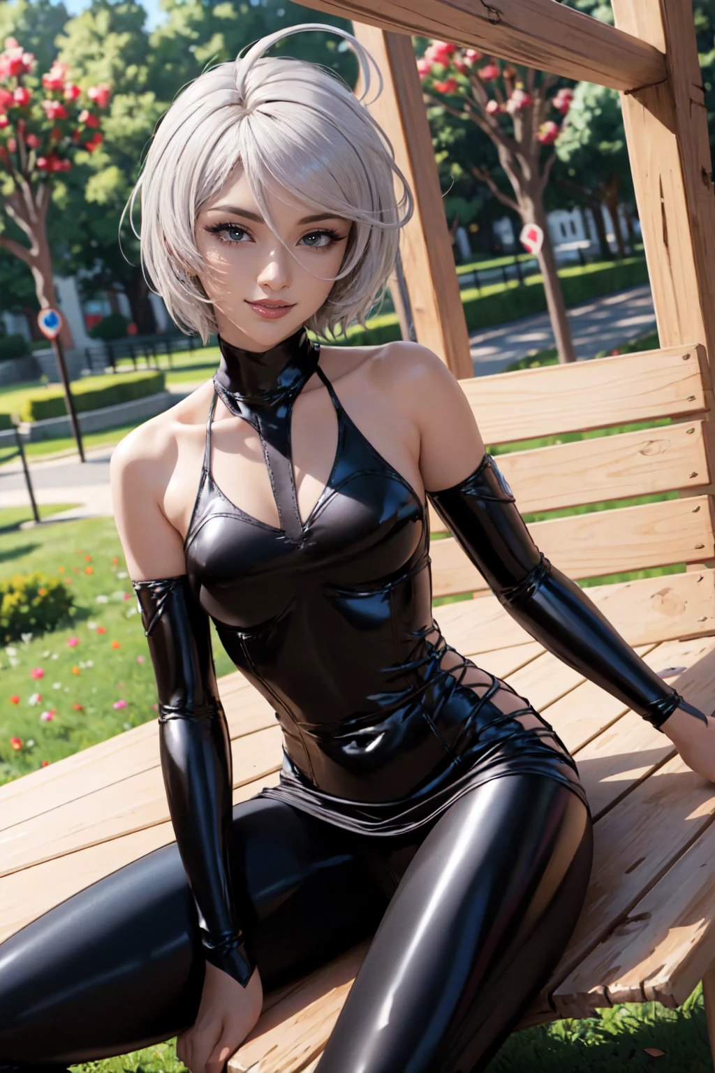 (masterpiece, Best quality, high development, high detail, 1 girl 18/19 years old, one, solo, looks at the viewer, Akira Yamamoto, gray hair, short hair, Red eyes, ahoge,
Latex dress, sideless outfit, armbands, Latex tights, latex, cross-laced clothing, hand between legs, nice smile, V-shaped eyebrows, sitting on a bench in the parks, legs spread.