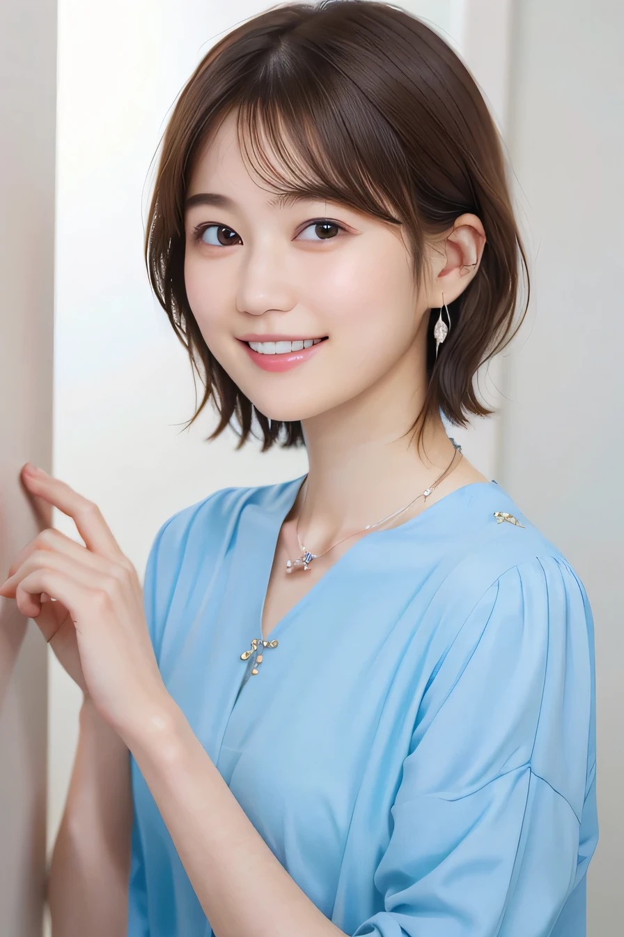 205  ((short hair)), 20-year-old female, Surrealism, A refreshing smile、Open your mouth、Beautiful teeth alignment、Brown Hair、ear piercing、Necklace around the neck、