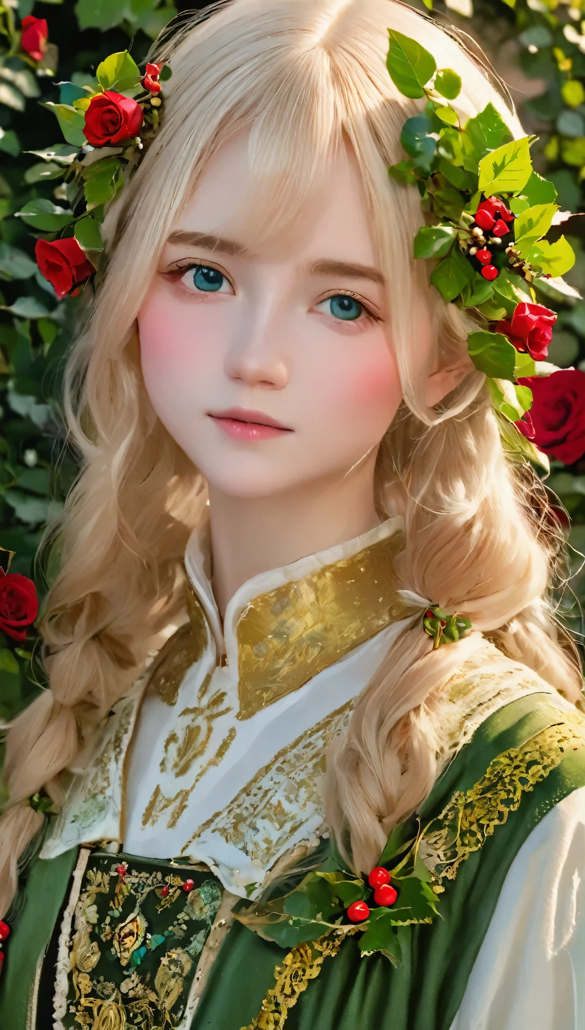 RAW Photos、Realistic、Cute girl portrait、１４talent、Beige hair、Very detailed_face_Eye、美しく澄んだ灰色のEye、Irish national costume、Red roses background、The background is red roses and holly、Blurred background、Dark lighting、highest quality、Ultra-high resolution、Masterpiece、８ｋ