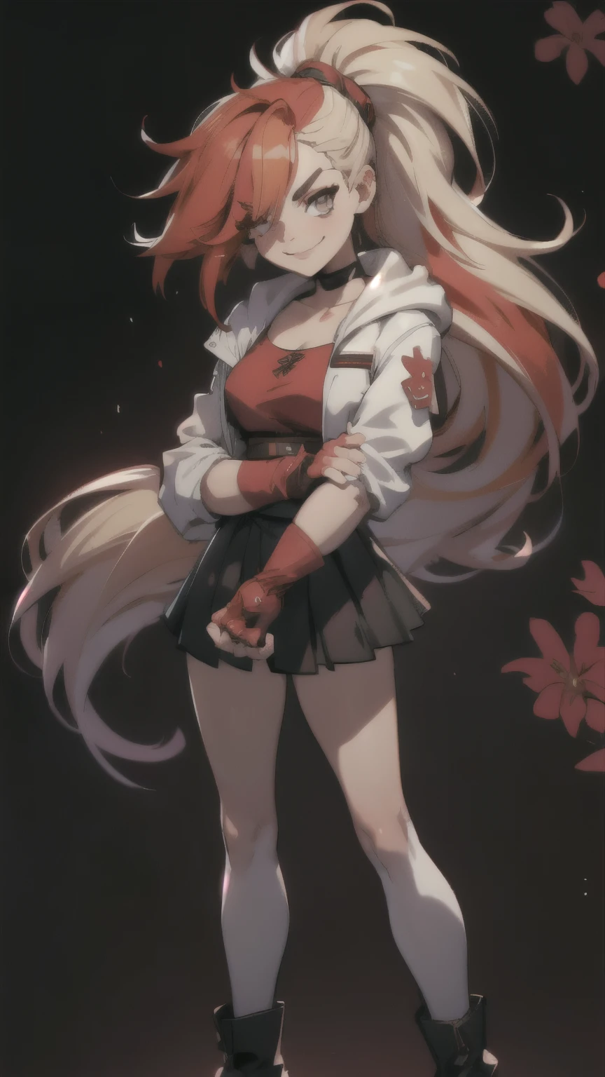 (best quality:1.2),solo,1girl,mdrin,smile,looking at viewer,crossed arms,ponytail,v-shaped eyebrows,white jacket,red shirt,fingerless gloves,black skirt,choker,illustration,floral garden background,warm color tones,soft lighting, Hair over one eye, ultra long hair, standing on hooftop, long boots