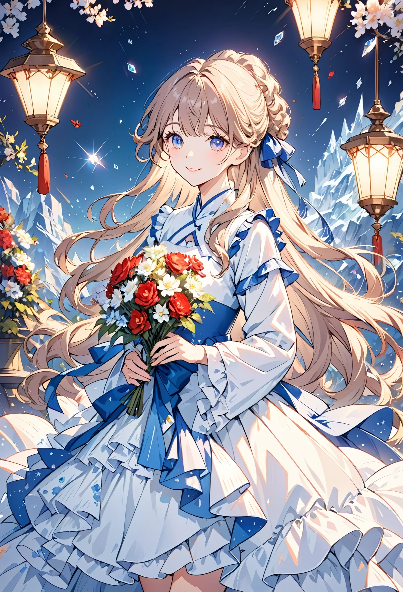 Drama, Court-style dress, Royal, Gorgeous, layered decoration, Ruffles, bow, 水晶吊lamp, Roman Curly Hairstyle, will release, diamond般的双马尾, Looking at the camera, Bangs, Minimalism, magnificent background, Detailed depiction of hair and eyes, Princess dress, Gorgeous skirts, Holding flowers, Smile, Starry Eyes, lamp, Extreme details, HD, Happy girl, Very long hair, diamond, broken diamond, Crystal Shards, Light Particles
