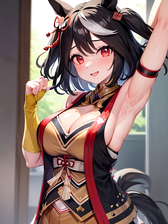 1 girl、{kitasan black,Umamusume,red eyes, horse ears, Uma Musume, horse tail, black hair, short hair, messy hair, wavy hair, smile}, Kyoto animation style, {Upper body}, {outstretched arm}, {Sweat}, handsome figure, woman, very beautiful detailed anime face and eyes, ^ ^, big breasts, Wallpaper 8k CG, very detailed, 4k,Show your armpity armpits are damp, ((cum on armpits)), cum on body,