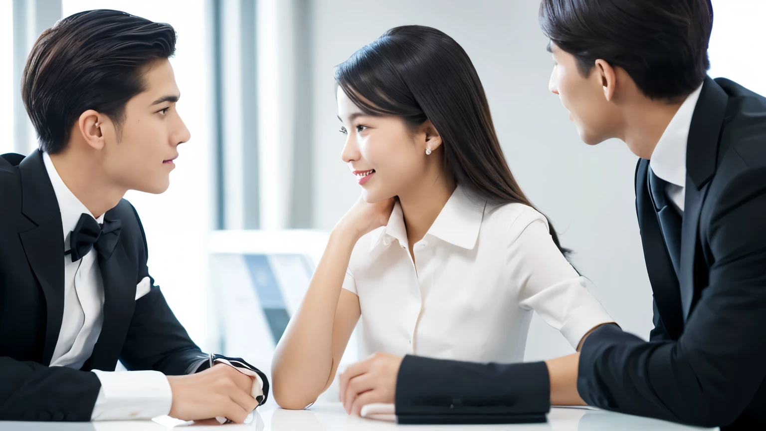 portrait of a beautiful young woman wearing a neat and polite formal suit chatting with a handsome young man at an office table isolated on a white background