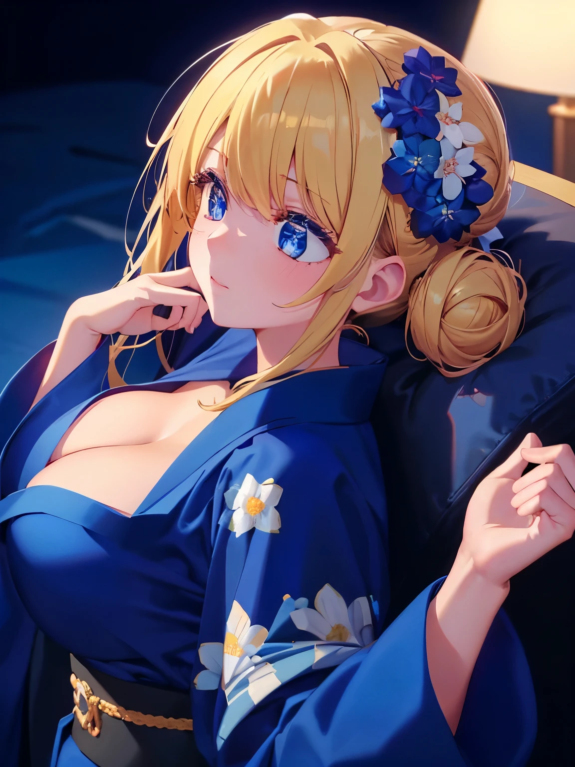 1woman,super beautiful,Sleeping on your back, camera angle from above,at night,half body photo,Beautiful eyes, very detailed face,cute,,HD face, perfect face, blue kimono,short kimono, cleavage visible,Very big breasts,big breast,Blue flowers on the head,Blonde hair,bangs,blue eyes,hair in bun,one bun,Hair in a bun,ultra detail,ultra Hd, masterpiece,4k