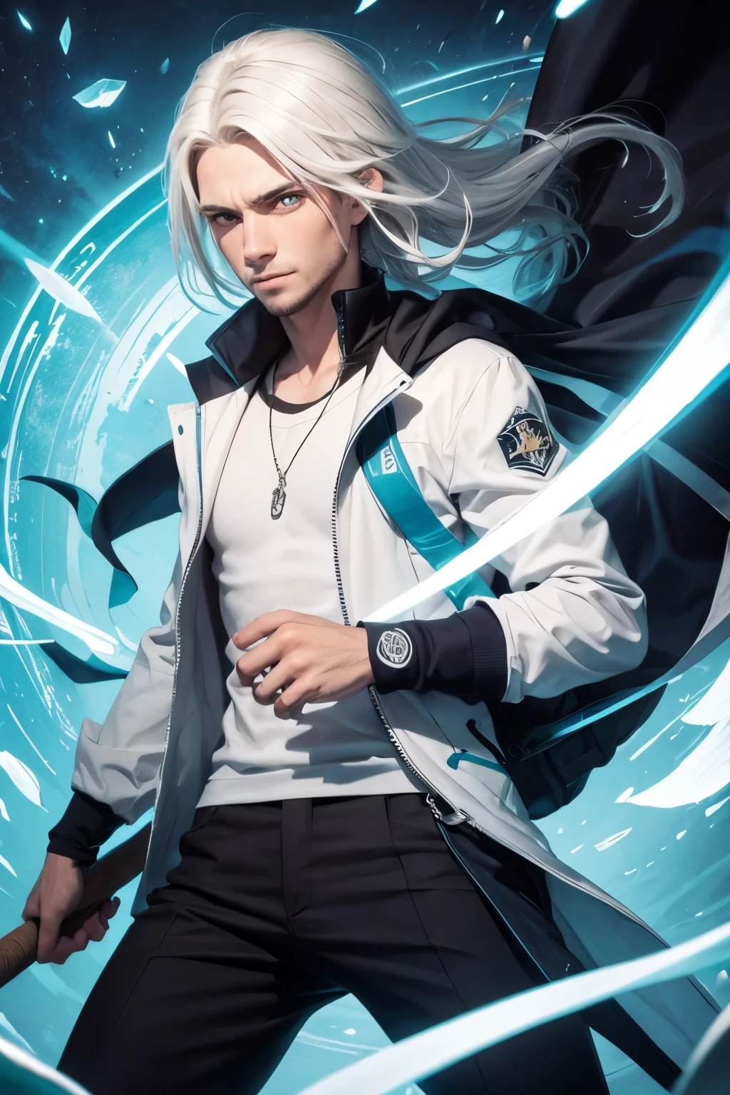 Obra de arte, melhor qualidade, ((1 homem)),cabelo azul,olhos verdes,Serious expression, sorridente,cintura para cima,arte de linha,cabelo medio,blazer branco,camiseta preta,olhos inexpressivos,((Estilo Tite Kubo))