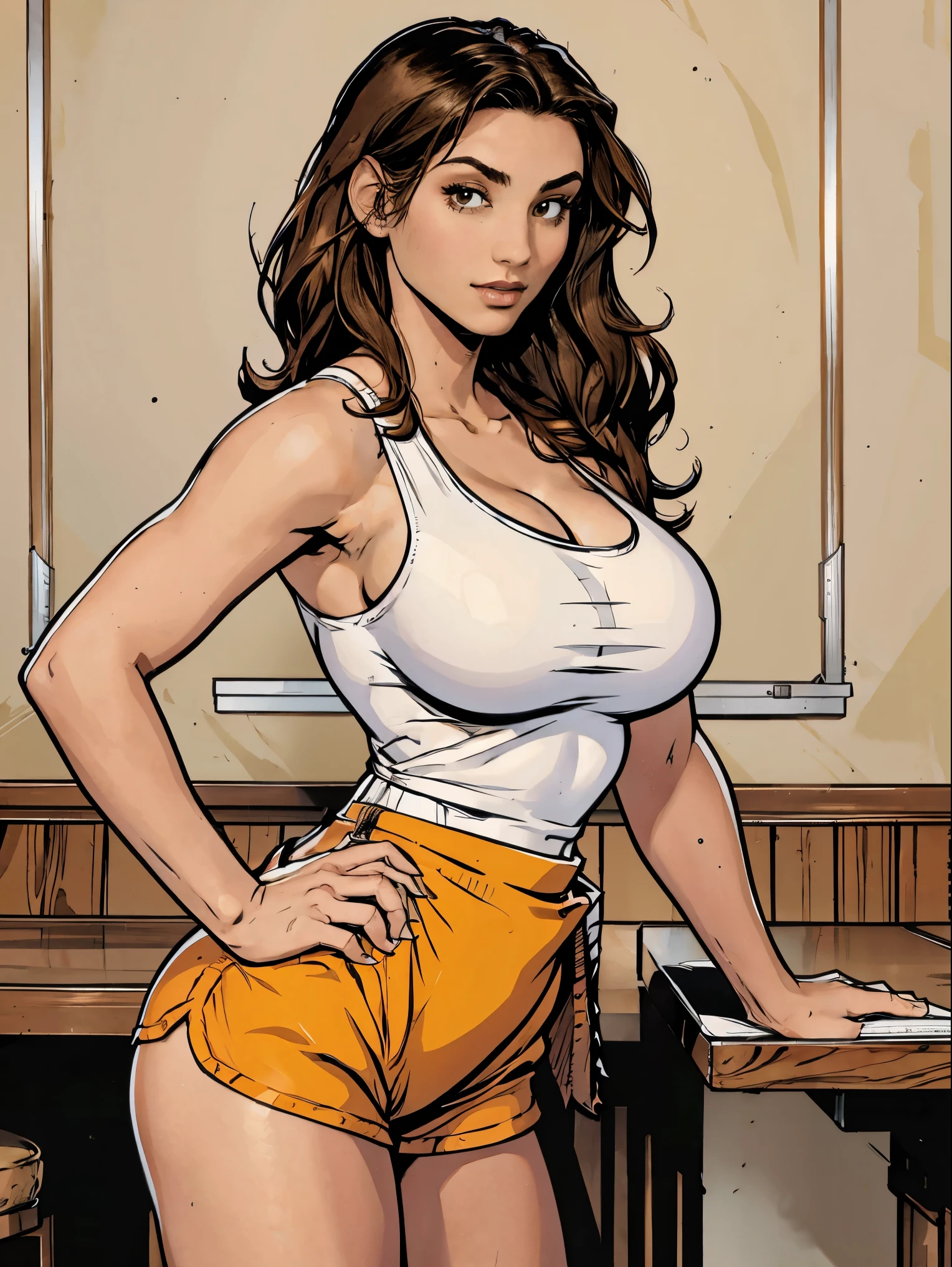 Gorgeous and sultry busty athletic (thin) brunette with sharp facial features and a (large nose) wearing a (Hooters uniform), white tank top, "Hooters", orange minishorts, notepad, server apron, restaurant