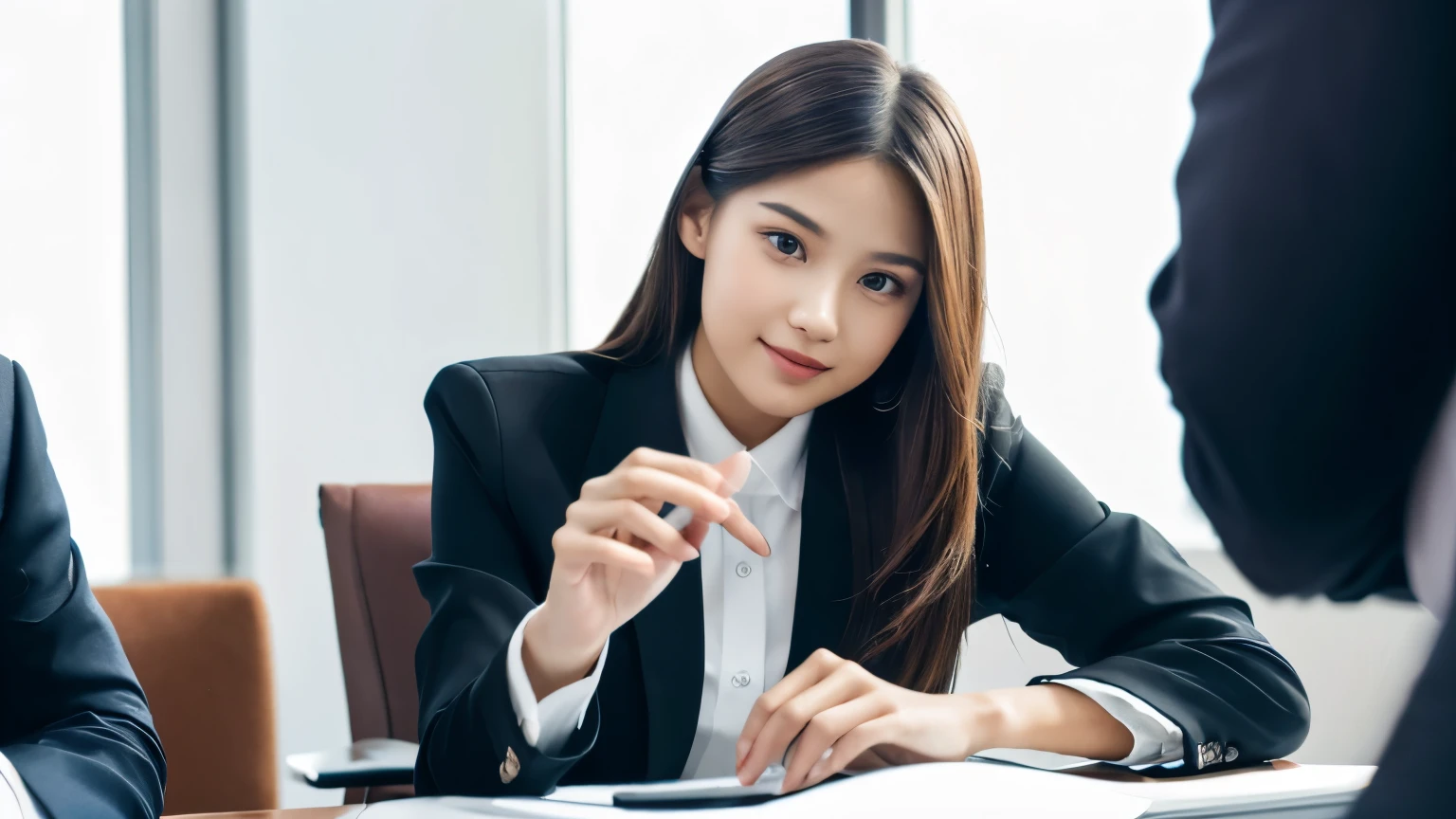 portrait of a beautiful young woman wearing a neat and polite formal suit chatting with a handsome young man at an office table isolated on a white background