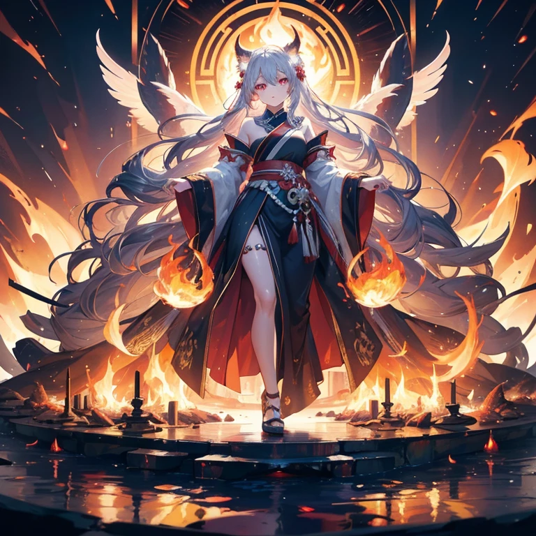 digital art, full body, masterpiece, best quality, in the center of the frame, 1girl, empress, imposing pose, ((casting a spell)) detailed face, super detailed glowing red eyes, ((glowin eyes:1.2)) long flowing silver hair, detailed hair, kitsune ears, inside a temple, well lit, illuminated environment, solo, looking at viewer, long ceremonial costume, (((surrounding flames))), front lighting, 8K,