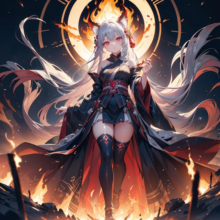 digital art, full body, masterpiece, best quality, in the center of the frame, 1girl, empress, imposing pose, ((casting a spell)) detailed face, super detailed glowing red eyes, ((glowin eyes:1.2)) long flowing silver hair, detailed hair, kitsune ears, inside a temple, well lit, illuminated environment, solo, looking at viewer, long ceremonial costume, (((surrounding flames))), front lighting, 8K,