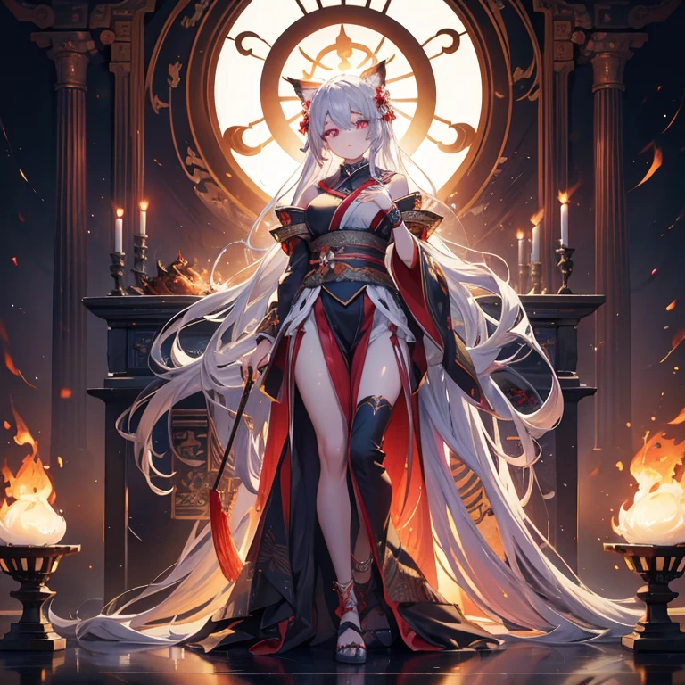 digital art, full body, masterpiece, best quality, in the center of the frame, 1girl, empress, imposing pose, ((casting a spell)) detailed face, super detailed glowing red eyes, ((glowin eyes:1.2)) long flowing silver hair, detailed hair, kitsune ears, inside a temple, well lit, illuminated environment, solo, looking at viewer, long ceremonial costume, (((surrounding flames))), front lighting, 8K,