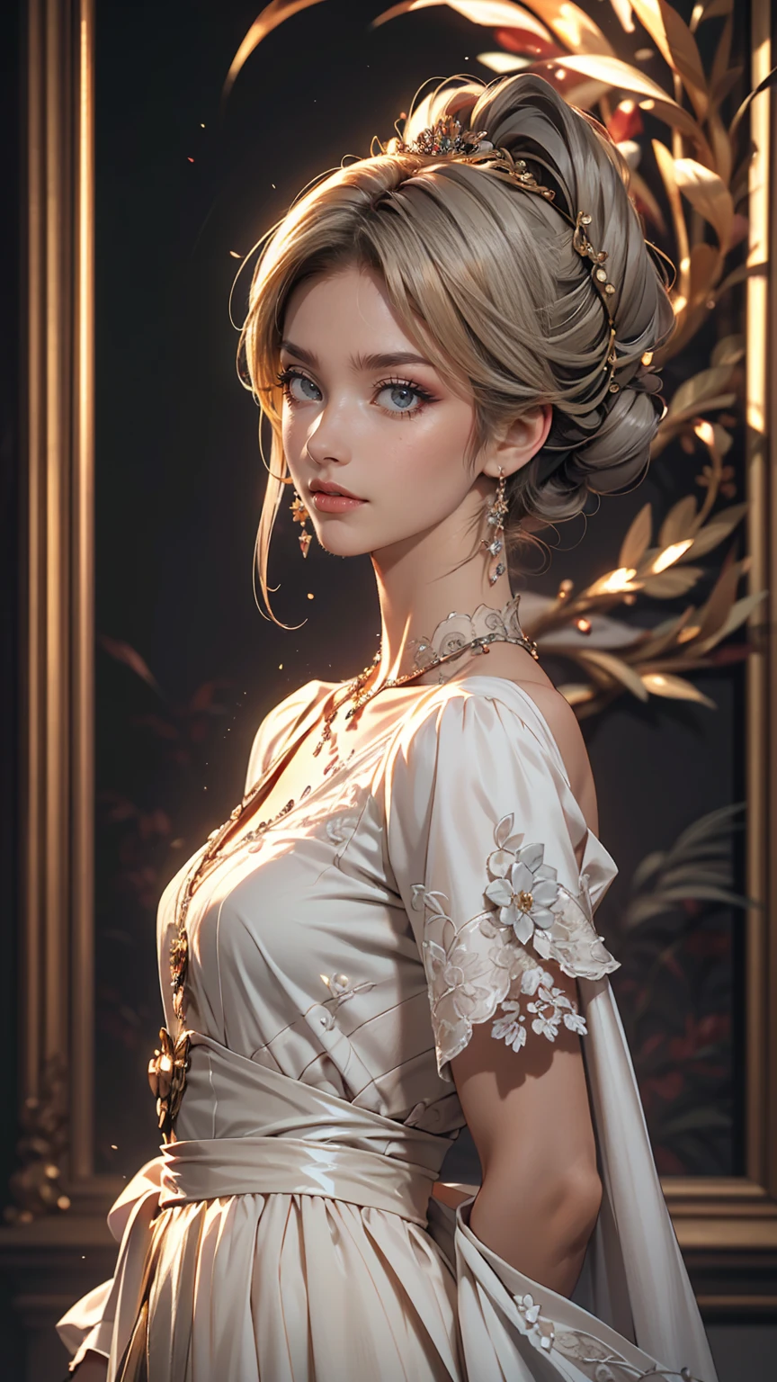 highly detailed, 8k, masterpiece, One girl, Grey Two Tone_hair, dress , , (perfection_face), Brilliant, complicated, Dramatic lighting, 4K, detailed_background, Caustics, Portraiture, , from_~ side  