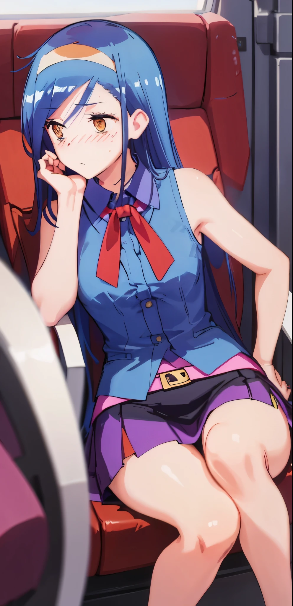 1 girl, blush, medium breasts, sleeveless, (shirt, short skirt), sitting, perfect anatomy, healthy skin, 20-year-old.