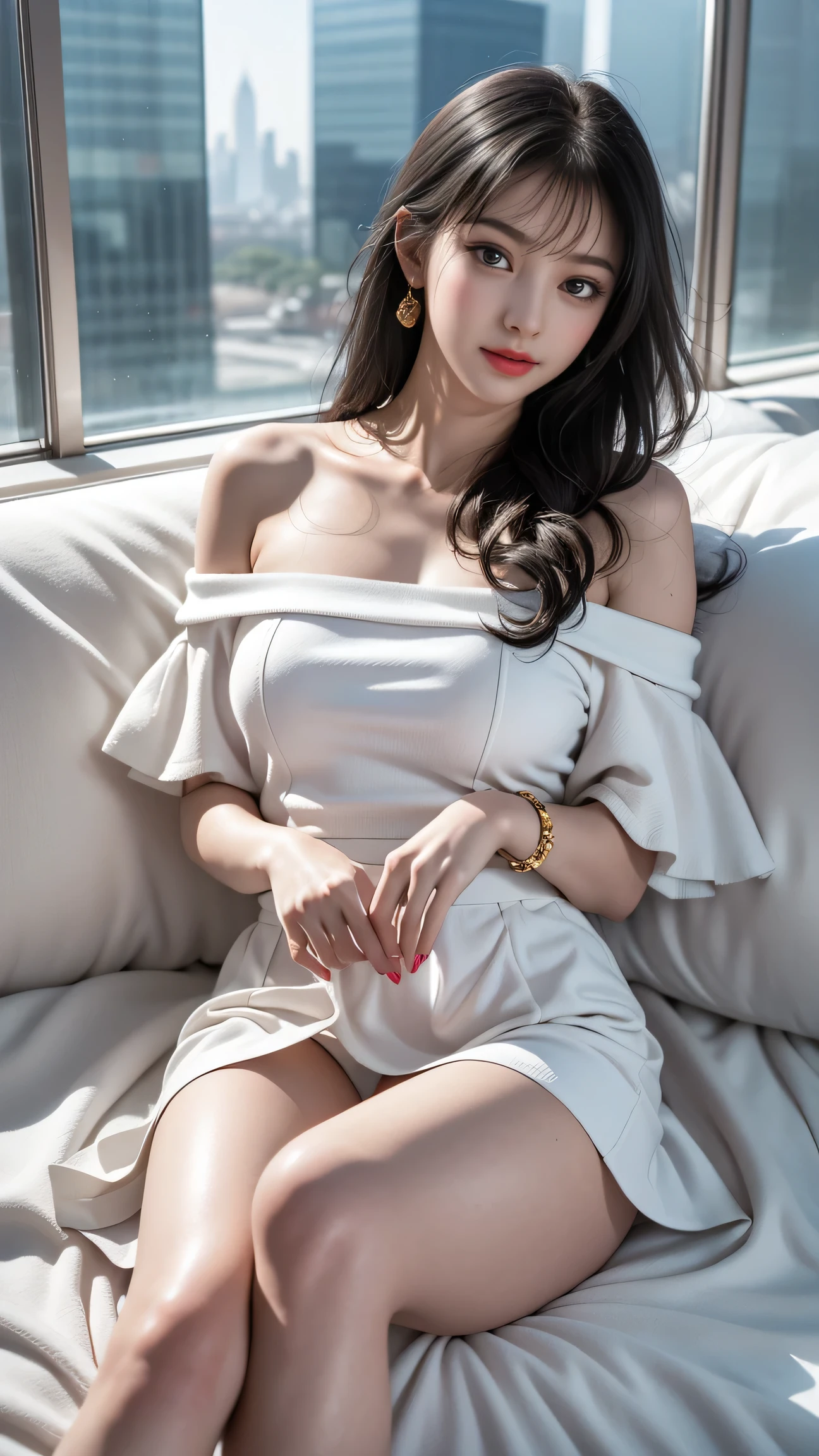 (Girl lying on bed)、Beauty、 One Girl、alone、Long Hair、Viewer、smile、blue eyes、hair ornaments、、gem、Gray Hair、Shut your mouth、Blunt bangs、Manicure、bracelet、lips、Grey Eyes、Portraiture、Red nails、close、Red lips、Put your hands on your face、Place your hand on your cheek、()、(Shiny skin)、((Skyscrapers are hazy outside the window))、(Off-shoulder white dress with floral pattern),),((Girl with her legs slightly apart)),(Leg spread),((White panties are visible)),(Lift-up skirt)、