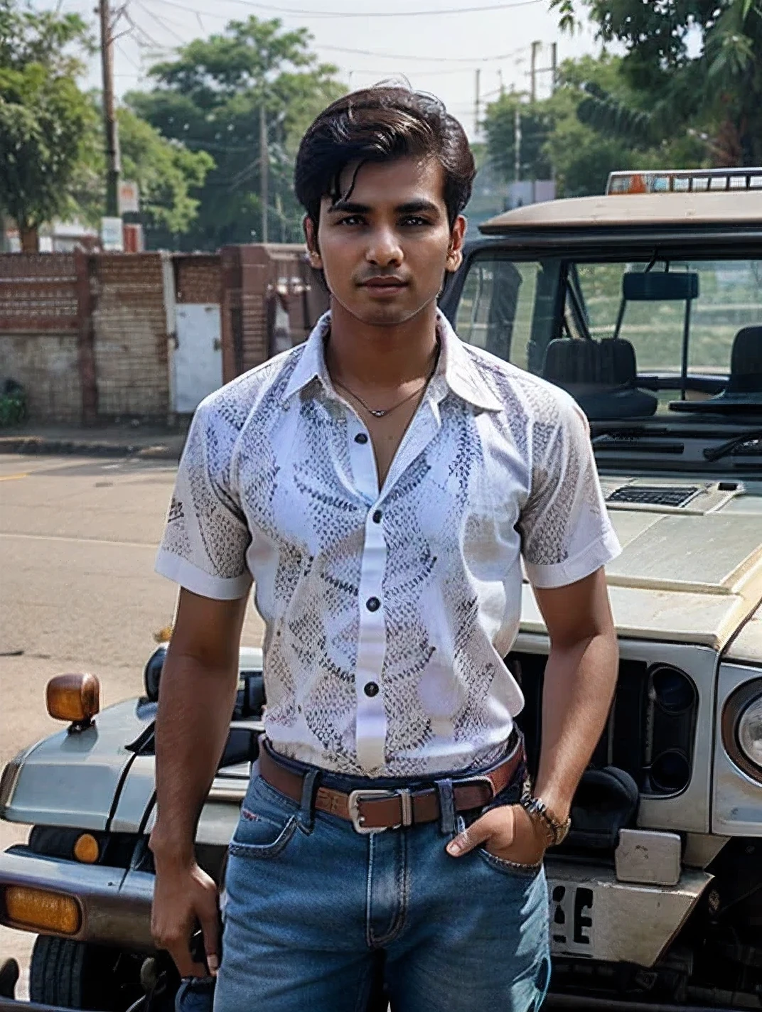 A 19 years old Indian bihari white skin style handsome boy where he wearing print shirt & jeans. He driver a black Mahindra Thar at Delhi road 8k