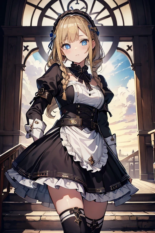 (8k, highest quality, Tabletop:1.2)、Ultra-high resolution、14-year-old girl, Perfect Fingers, Detailed face, blue eyes, blonde, Braiding、Black maid outfit,  Western-style building、Entrance、stage、Polishing the handrails