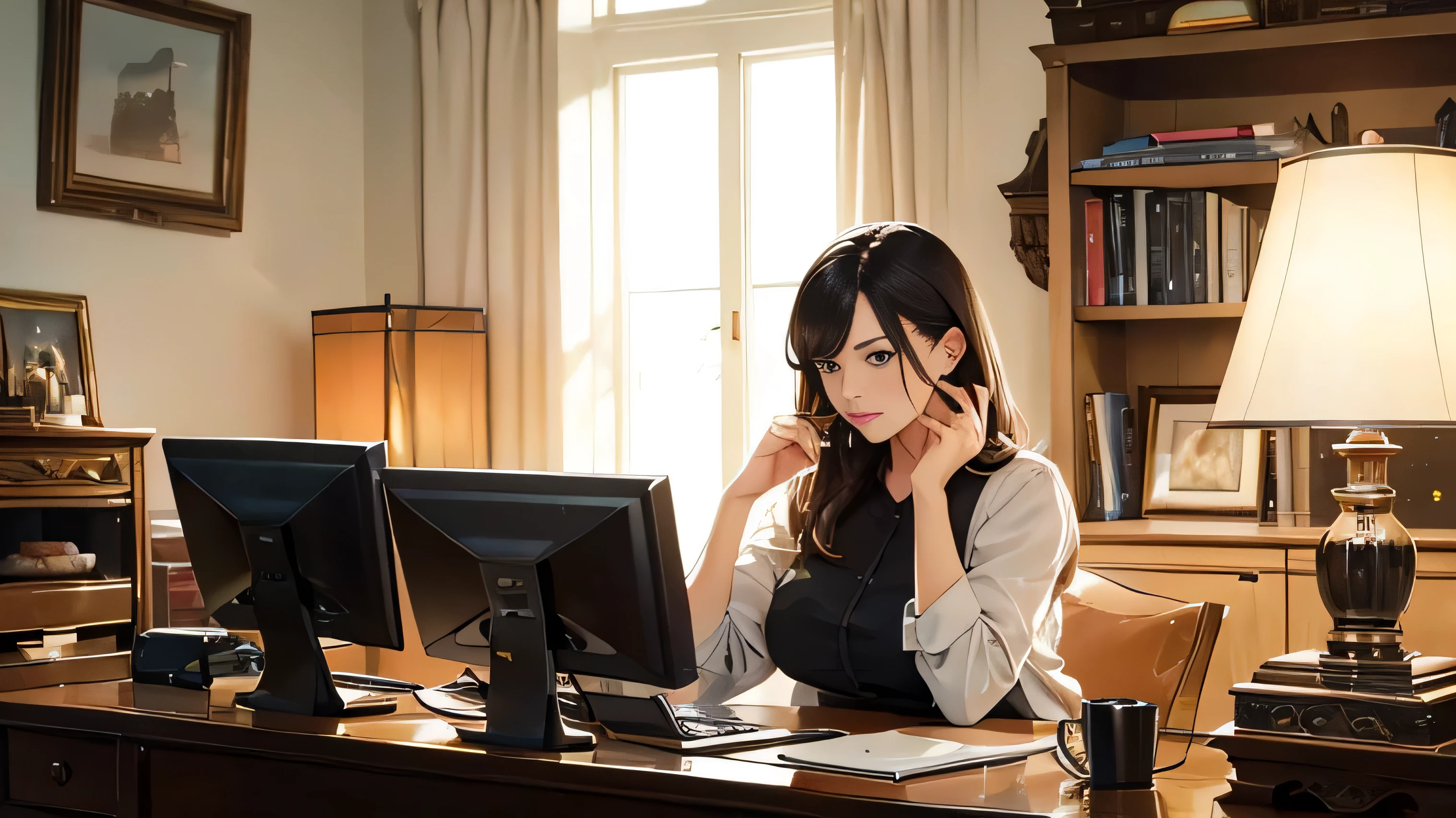 Beautiful adult woman working on a computer,In the background there is a bookshelf with a lamp on it, Artist, Sequential Art, Computer Graphics, Art Station,｛French Bulldog｝(Antique alarm clock)