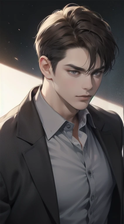 masterpiece, best quality, realistic, 1man, mature male, quiet and charming young man, 35 years old, close his eyes, serious look, extremely detailed face, smirk, ((dark grey eyes)), ((short-right-swept dark brown hair)), [thick eyebrows], detective, Black background, ((suit)), cinematic lighting