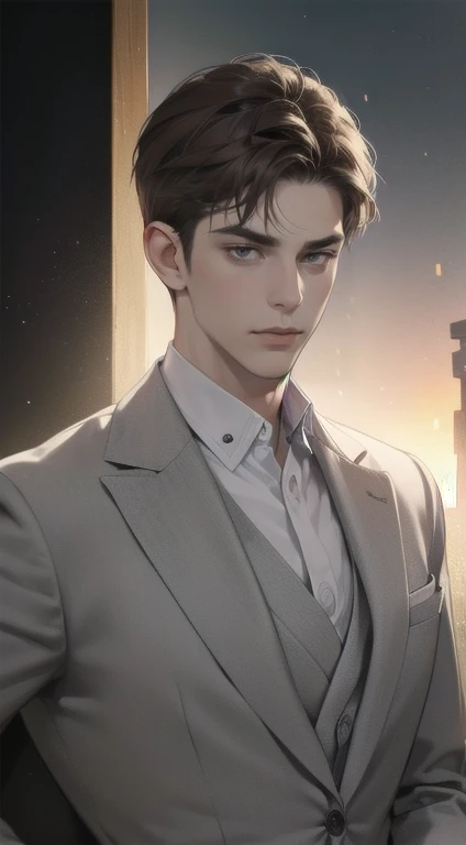 masterpiece, best quality, realistic, 1man, mature male, quiet and charming young man, 35 years old, close his eyes, serious look, extremely detailed face, smirk, ((dark grey eyes)), ((short-right-swept dark brown hair)), [thick eyebrows], detective, Black background, ((suit)), cinematic lighting