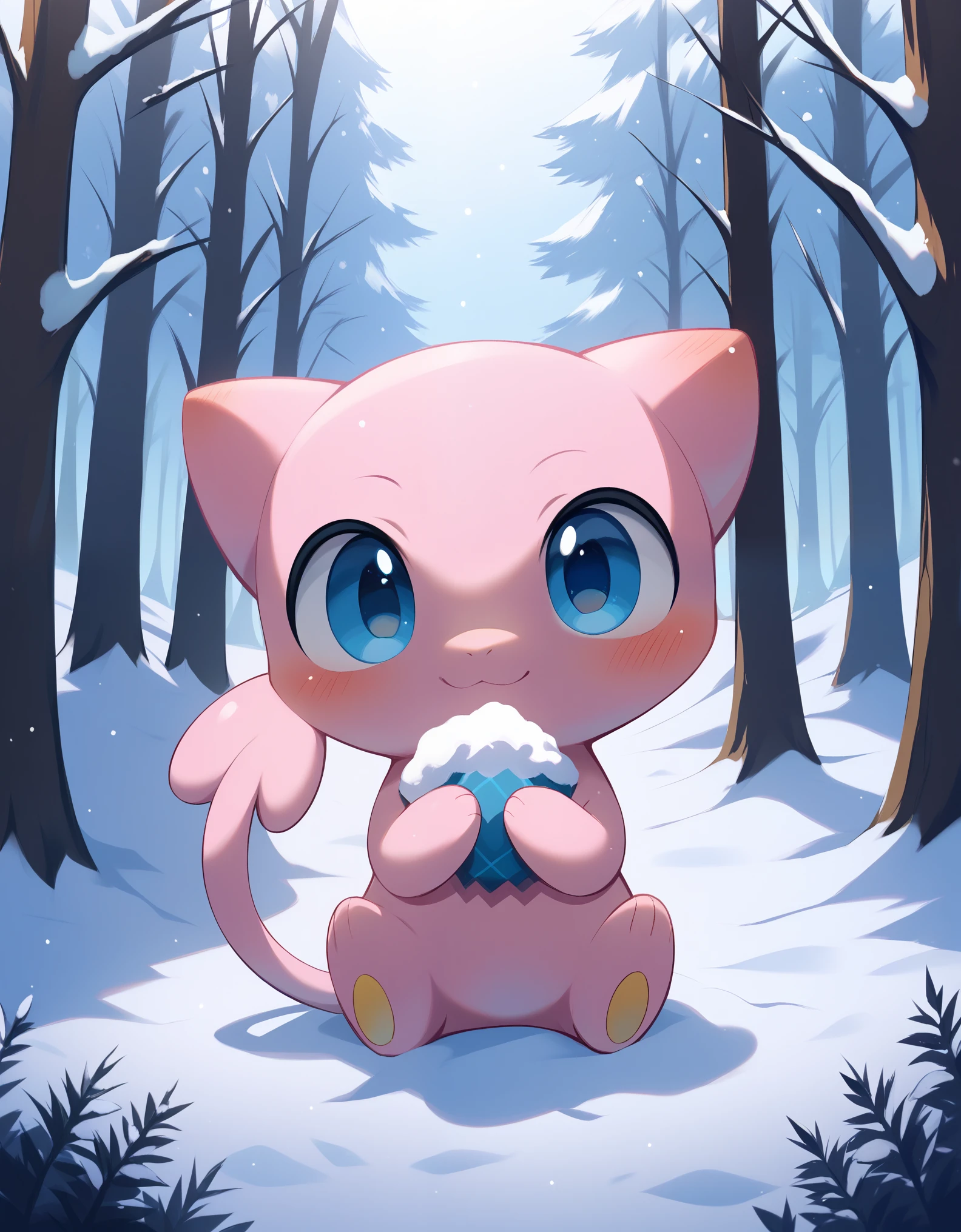 score_9, score_8_up, score_7_up, mew pokemon, cute, smile, forest,, best quality, hi res, masterpiece, absurd res, highly detailed, impasto, digital media \(artwork\), (simple background), winter, snow, forest BREAK, solo, chibi, nude, full body, blue eyes, pink fur, pokemon \(species\), glistening body, looking at viewer, blush,