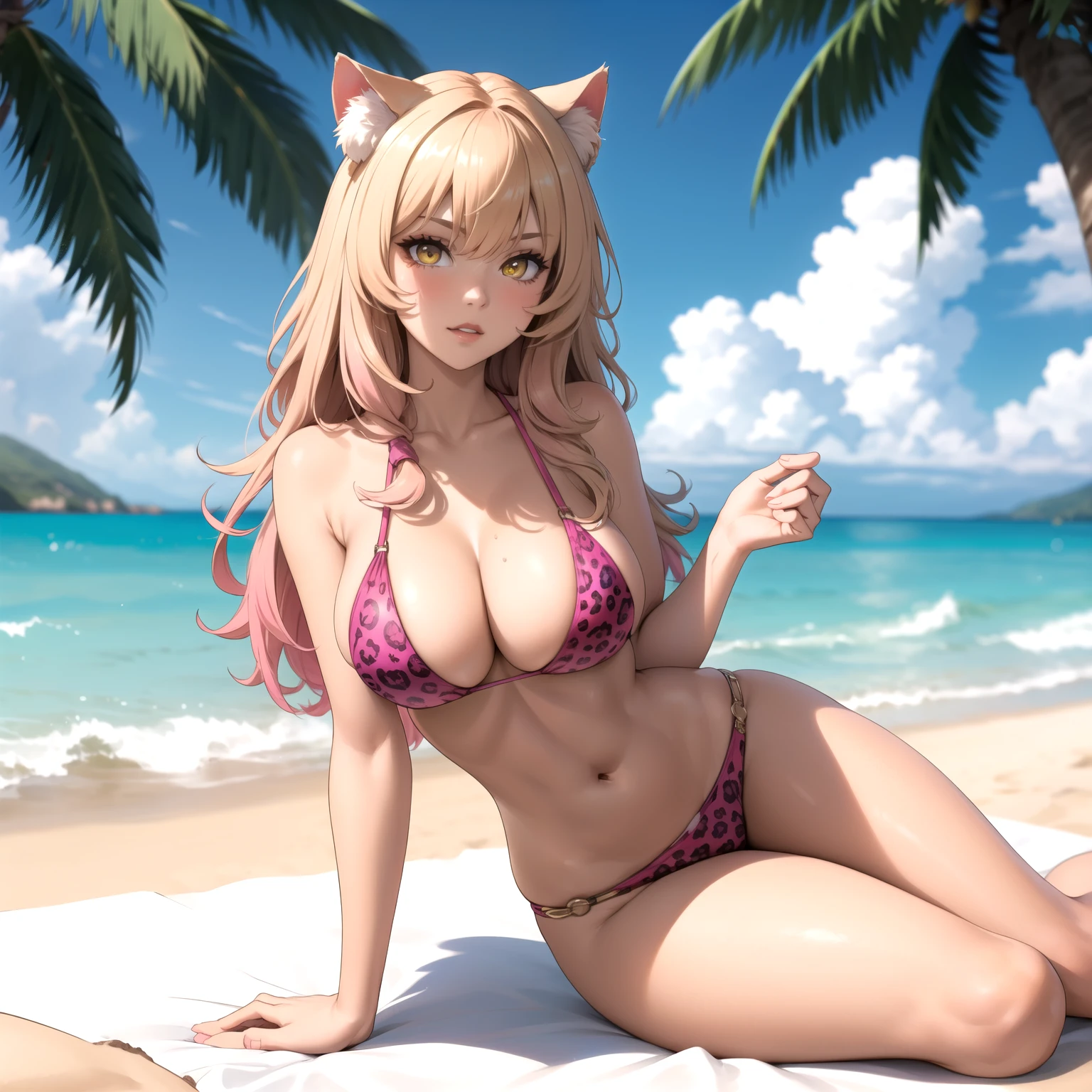 Raphtalia woman 35 years old blonde hair with pink tips , orejas de gato, yellow eyes like amber., piel morena, piel oscura, brown skin big breasts pink bikini jaguar design, esta de pie, frente al espectador, cuerpo completo, accesorios, playa de arena blanca. sunny day. cabello flotante, luz perfecta, colores vibrantes. cabello rubio dorado.