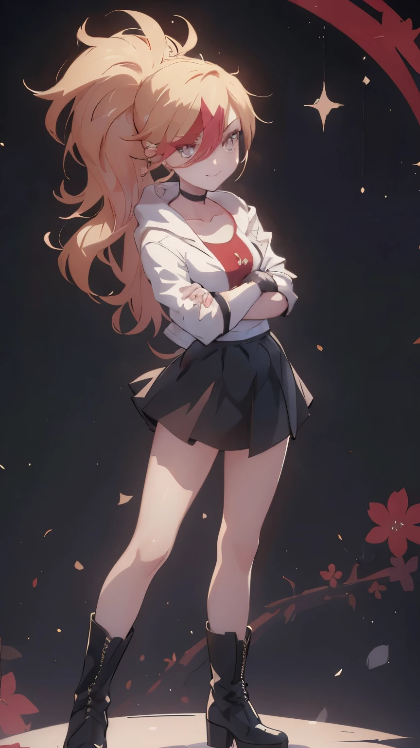 (best quality:1.2),solo,1girl,mdrin,smile,looking at viewer,crossed arms,ponytail,v-shaped eyebrows,white jacket,red shirt,fingerless gloves,black skirt,choker,illustration,floral garden background,warm color tones,soft lighting, Hair over one eye, ultra long hair, standing on hooftop, long boots