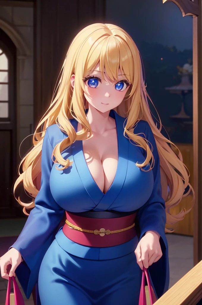 1woman,Walking in the castle, wearing a kimono, cleavage visible, stunning,Beautiful eyes, very detailed face,cute,HD face, perfect face,Very big breasts,Blonde hair,long hair,curly hair,bangs,blue eyes,ultra detail,ultra Hd, masterpiece,4k