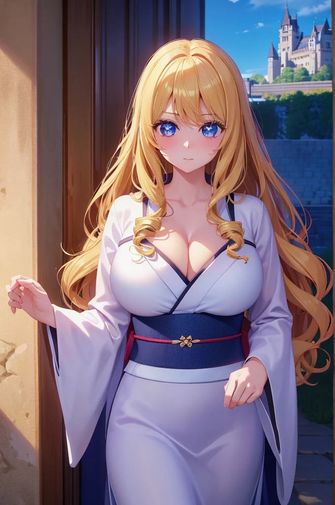 1woman,Walking in the castle, wearing a kimono, cleavage visible, stunning,Beautiful eyes, very detailed face,cute,HD face, perfect face,Very big breasts,Blonde hair,long hair,curly hair,bangs,blue eyes,ultra detail,ultra Hd, masterpiece,4k