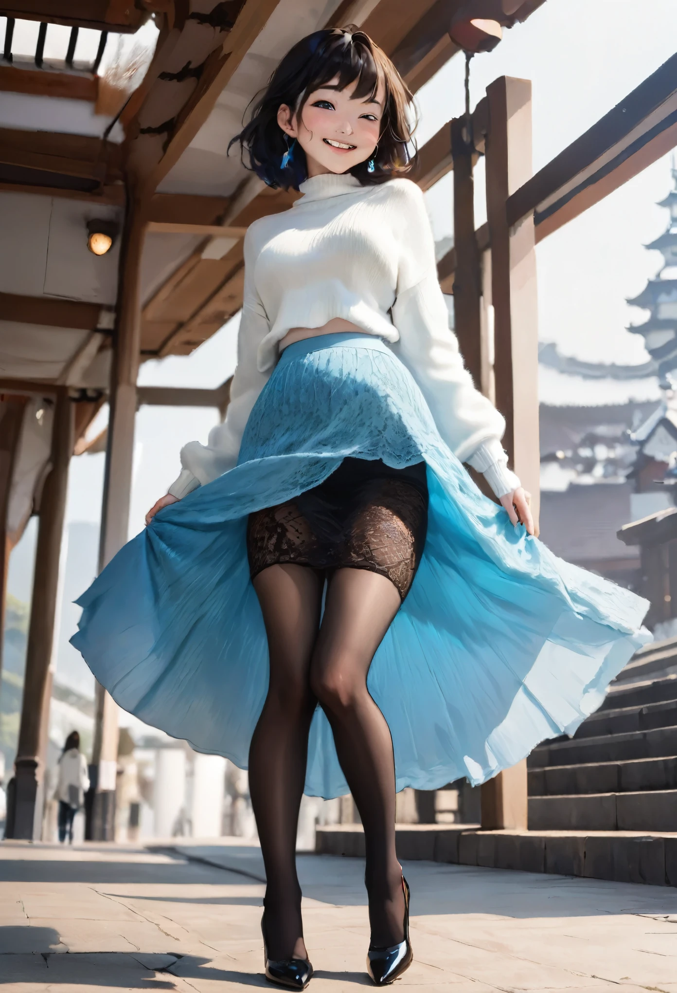 woman, 20-year-old, Short dark wavy hair、bangs、Plump nipples、(White Turtleneck Knit)、(Blue long skirt), Black Stockings Dium Milk, Cute Smile、((Pose that emphasizes the buttocks、looked back))、Sexy Hips、Black high heels、Big Necklace、((((The wind blew my skirt away, Please expose my panties...))))、(Light blue lace panties)、Cute Earrings、(Please tilt your head a little)