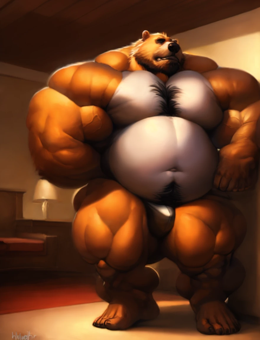 ((Masterpiece)),((Hight quality)),((Hught Detailed)),((Realistic,)) Anime Artistic masterpiece art, Obese muscle bear (massive obese, strong legs and arms, hairy, incredibly big looking) Long shot photo, Real life, bear (Massive, broad shoulders, strong legs and arms, hairy) Obese muscle citizen (massive obese, strong legs and arms, hairy, incredibly big looking), Anatomy of character, He is a sexual companion standing in a hotel room naked, He is drinking a drug that will make his body hyper big, hyper muscular, hyper fat at his client's request, 