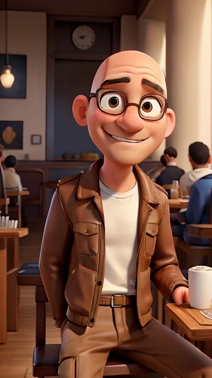 A bald man wearing brown leather jacket, white t-shirt and brown cargo pants sitting at a cafe