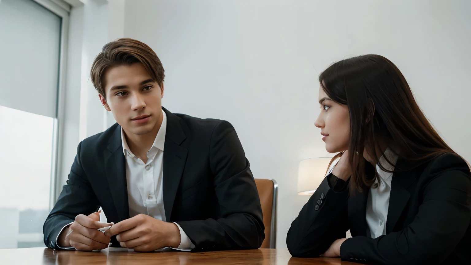 portrait of a beautiful young woman wearing a neat and polite formal suit chatting with a handsome young man at an office table isolated on a white background