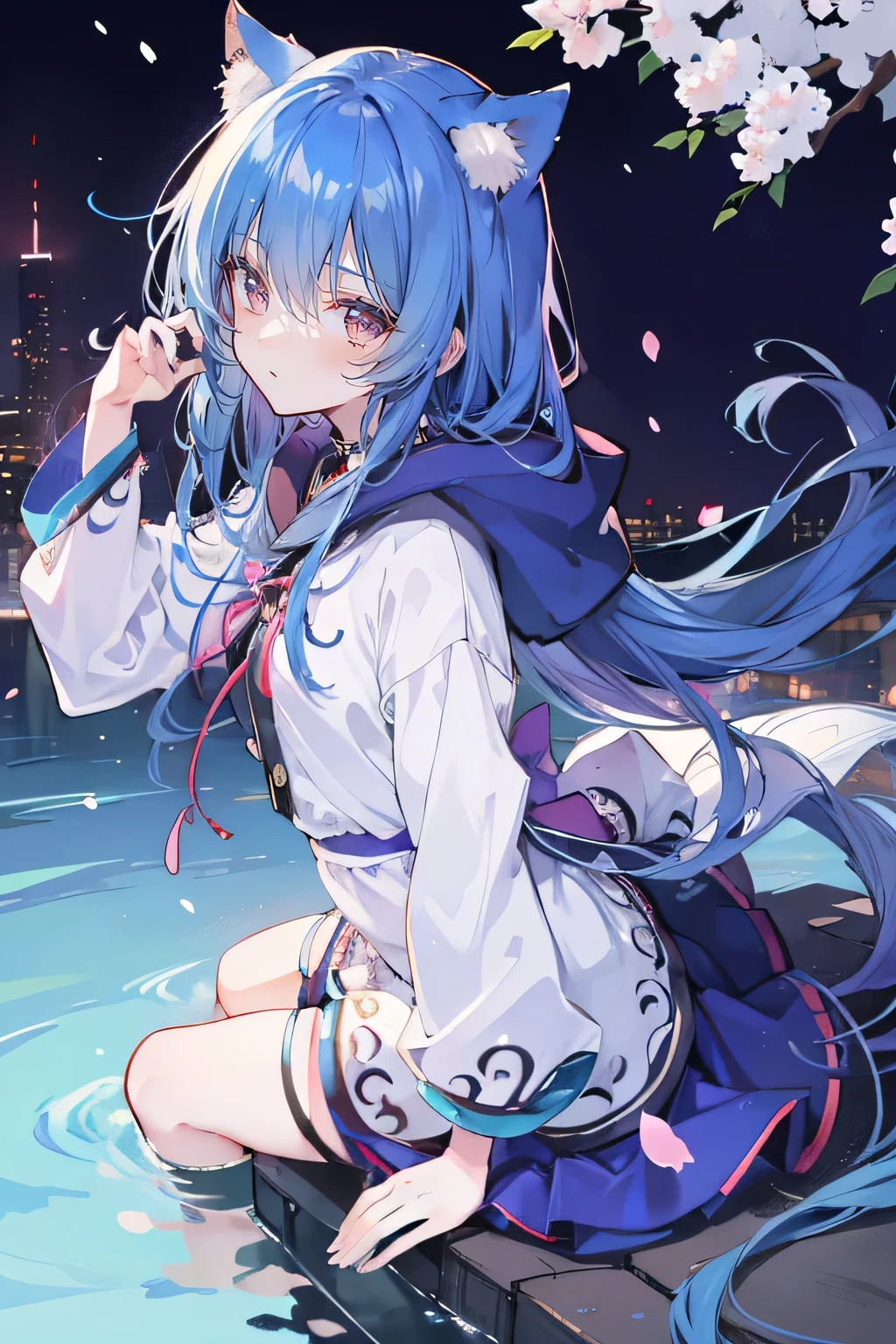 (masterpiece:1.2),Super detailed,lifelike,Expressive eyes,fair skin,perfect face shape,1 girl,
Japanese comics,Gorgeous blue hair,flowing blue hair,flowing clothes,Cat ears,Petals fall,beautiful lola,Baby Angel,
Shaking head with one hand,Cross your legs,Gentle and peaceful background,The pavilion is cool and comfortable,smile, wearing hoodie, background of tokyo,back views,snowing, winter,lie on the water.