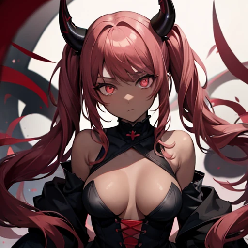 Black Dress、Black Horn、Red Hair、Twin tails、Red eye contact lenses、Breast size D、I can see the chest、（One Girl）Dark Skin , Dynamic Angle , Official Art , Are standing , Bottom View 
