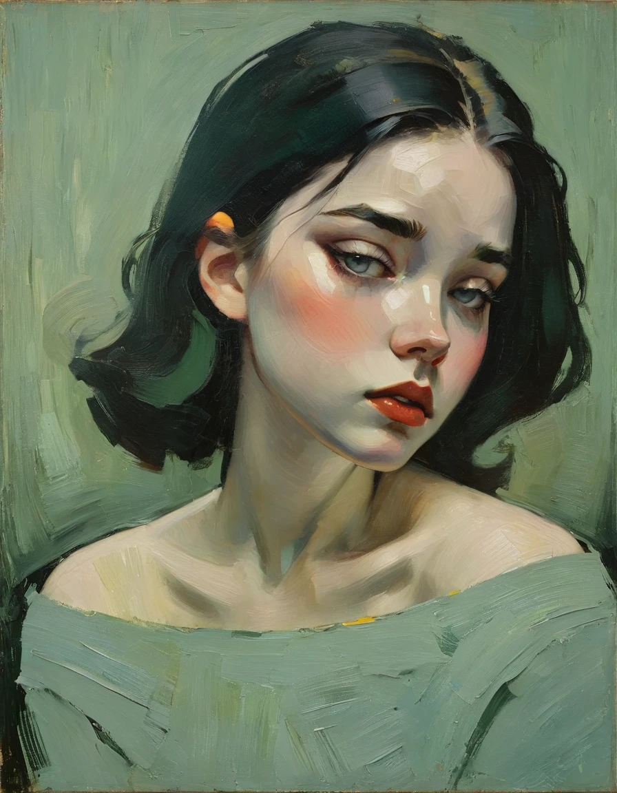 Create an evocative oil painting inspired by Malcolm Liepke, based on the provided image. Capture the intense, introspective expression of the young subject using thick, expressive brushstrokes and a muted color palette. Highlight the emotional depth and vulnerability in the subject's gaze, emphasizing the play of light and shadow on their face. Maintain a simple, textured background that complements the subject's contemplative presence. Focus on the tactile quality of the oil paint to convey the raw emotion and intimacy characteristic of Liepke's style.