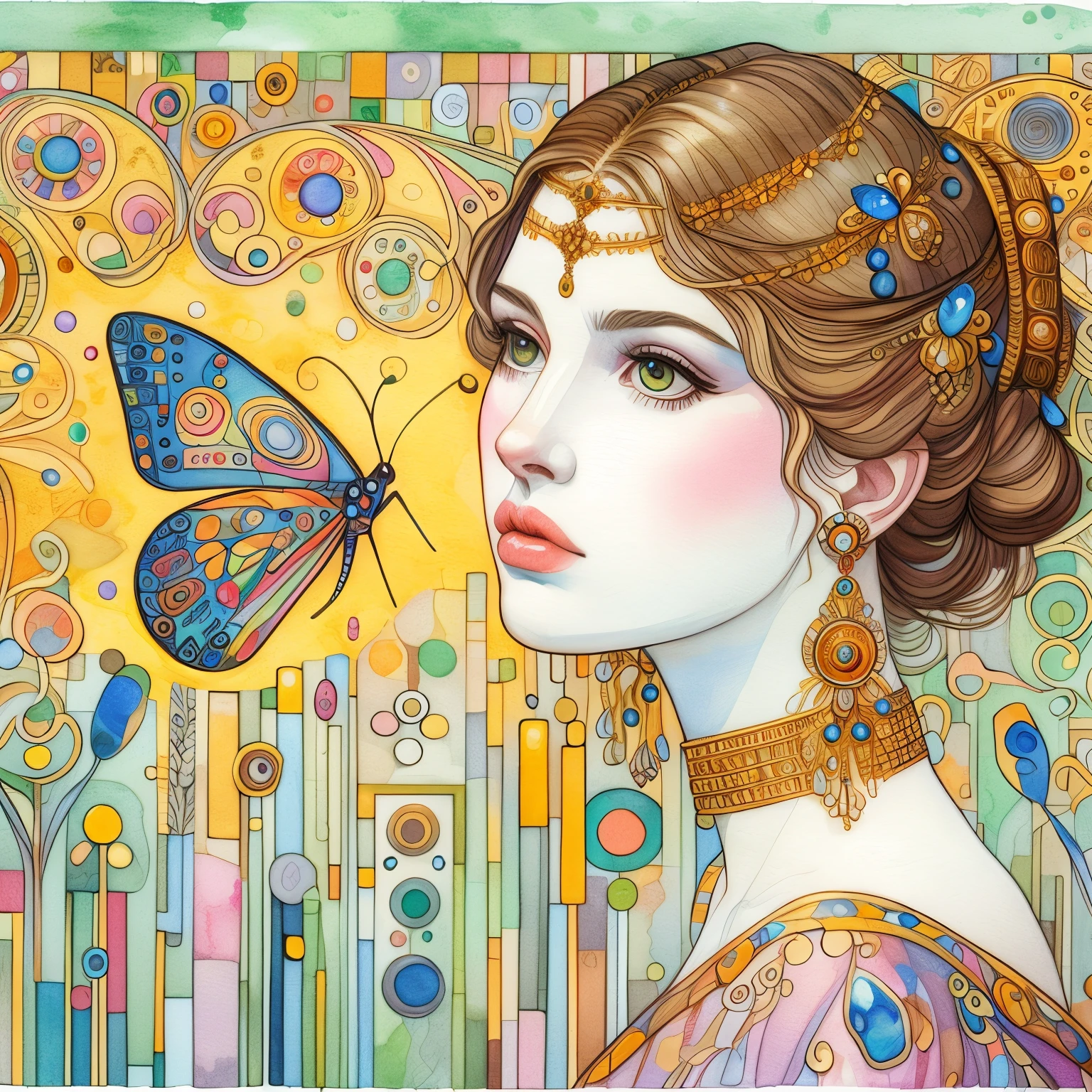 Klimt painted his new famous artwork of Bellucci (with straight hair) and her beautiful sister, she is very beautiful, the background is colorful with gold intricately detailed colorful single butterfly - oil art style