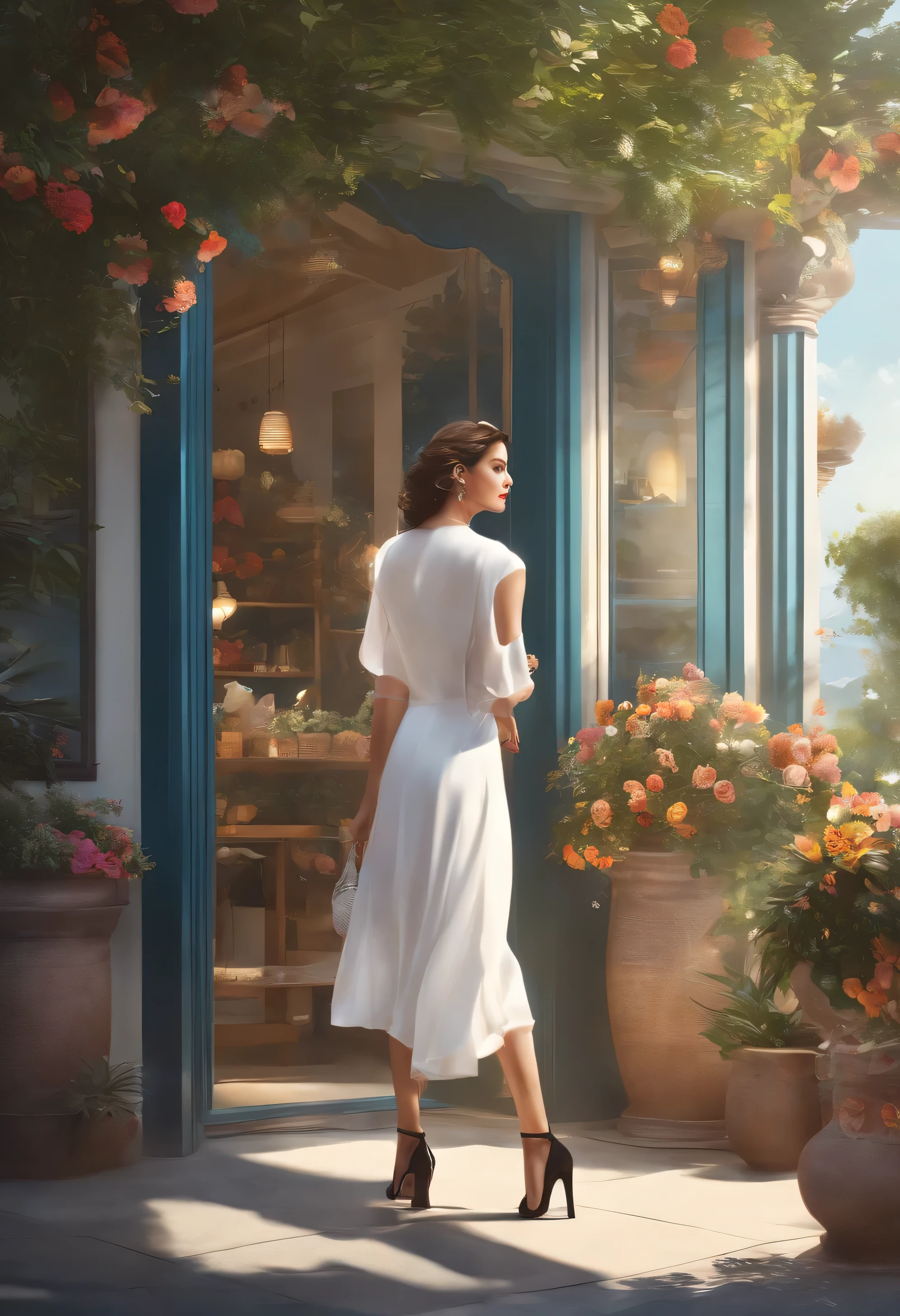 Beautiful woman walking、Digital Illustration、Magazine Cover、landscape、sunny spring day、Light of the sun、Bright saturation、Bright colors、transparent、A photo of the light of the sun reflecting on her、White dress、Stylish black heeled sandals、Street Corner、Florist、coffee shop、Strong light and shadow、Whimsical Digital Art The whimsical digital art style adds magic. Focus on her face.、A scene with vibrant colors and fantastical elements、Symphony in the Sky、Artwork inspired by the concept of cosmic consciousness、The concept of symbolic enlightenment