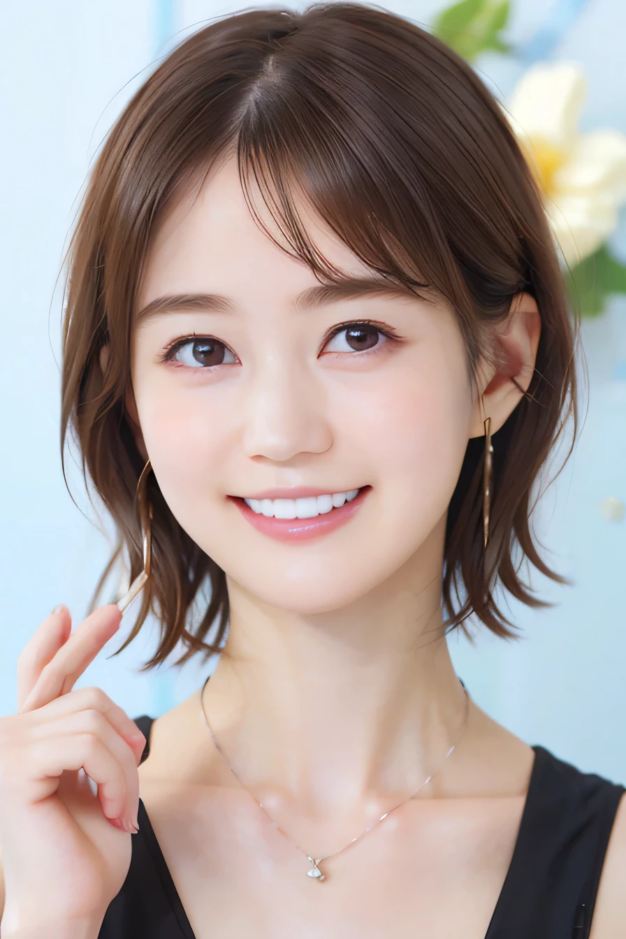 205 ((short hair)), 20-year-old female, Surrealism, A refreshing smile、Open your mouth、Beautiful teeth alignment、Brown Hair、ear piercing、Necklace around the neck、